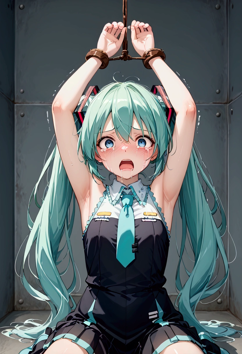 High image quality 、masterpiece、  high quality、Full HD、4K、Inorganic room、Jail、Both hands tied、Hands above head、 Put Your Hands Together 、 stand on all fours、 Hatsune Miku、 emerald green hair 、 twin tails 、 blue eyes  、 remove eye highlights 、 the inside of the eye becomes darker 、ripped clothing tops、trembling、Screaming、scream、Feelings of despair、Scared、Crying face、tears