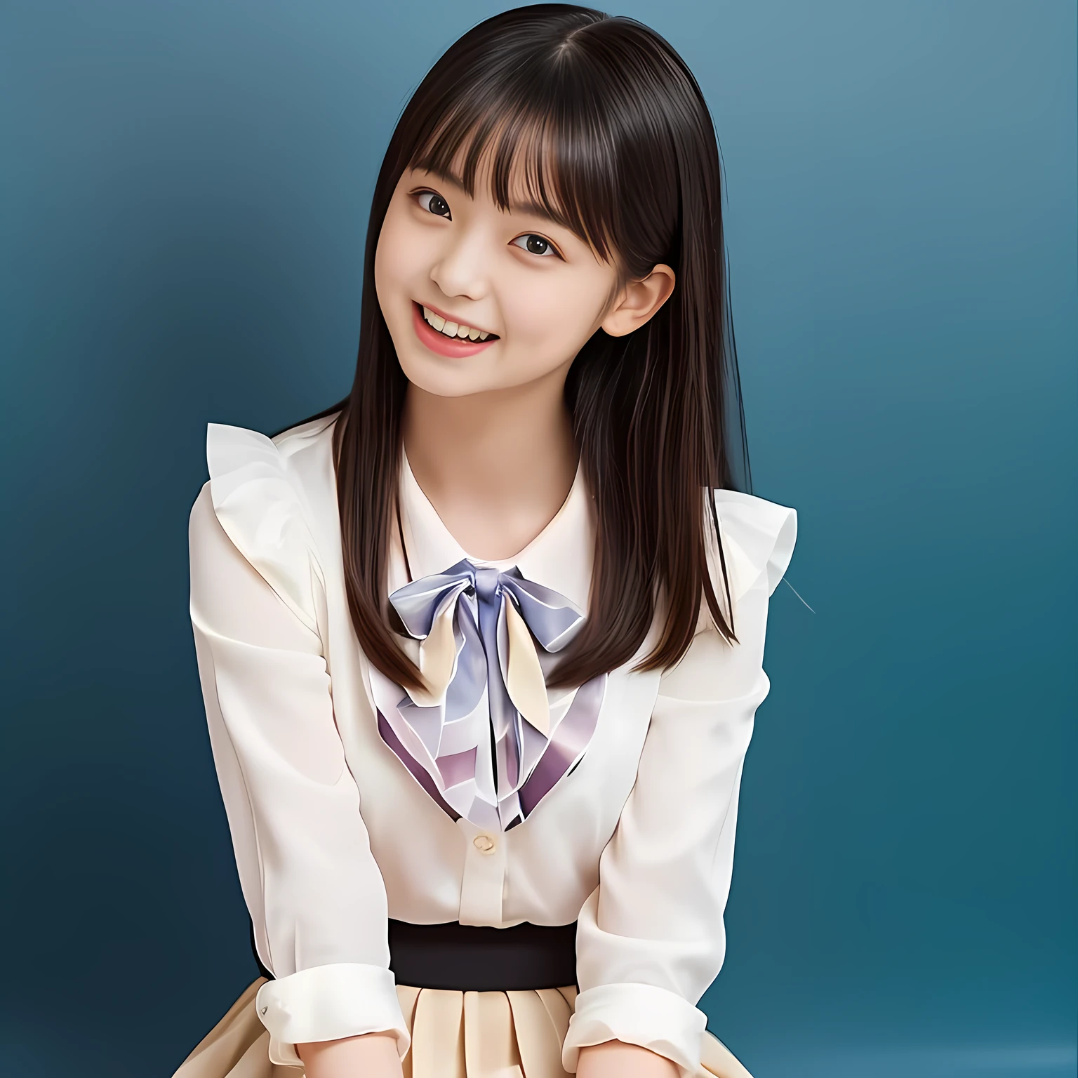 (Highest quality, masterpiece:1.2), Highest quality, High resolution, 1080P, 8k, (A noble, graceful and Japanese young girl who have a best proportion are seated giggling at me with extreme beatitude, laughing and posing like a fashion model, using face-whitening cosmetics: 1.5), (She is getting out of the picture: 1.6), (Well-balanced, impressive, Intelligent, drooping, double-eyelids, brown shiny large eyes with detailed make me feel her intelligence: 1.5), (Frilled Frilled expensive noble white cute silk shiny blouse, cream-colored pleated skirt with blue side ribbons: 1.5), ((Beautiful well-figured glossy lips)), (Plain blue school ribbon on the mature breast), (Girl whom everyone loves because of her beauty and beautiful eyes and lovely fashion and noble manner and magic-charm of succubus), (Very beautiful, glossy, cute neat black hair: 1.3), (Drives me crazy for her glossy neat hair and Make me fall into her mouth), (plain blue background: 1.6), (Best style like a 13yohion model, mature breast), ((Completely balanced beautiful eyes)), ((Completely balanced beautiful eyes)), (eyes, face and hair are especially beautifully detailed and beautifully drawn: 1.5), (Satisfactory best shot by professional infamous women's photographer: 1.5), (The soft white light clearly shows her face extremely white: 1.2), (Very soft laughing cheeks, very soft hands, People who touch it feel eternal pleasure: 1.2), (Show me your cutest glossy face!!: 1.6), (Everything is too expensive and noble like a angel including her expression, giving kiss and mercy to poor miserable me!: 1.5)