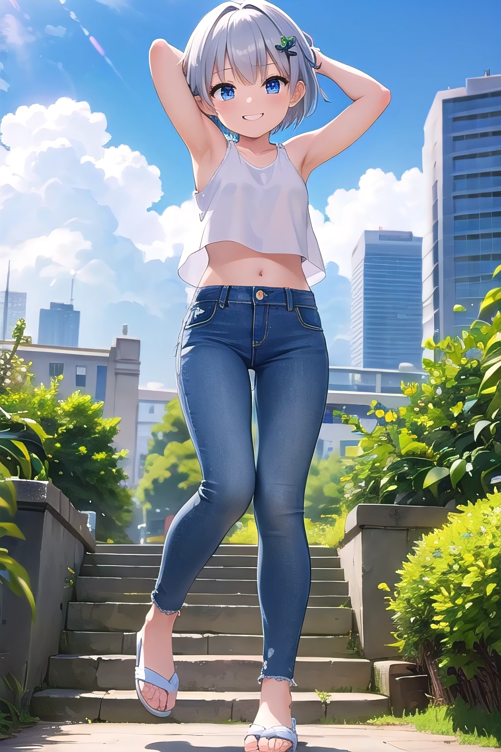 masterpiece,best quality,ultra detail,1girl, ,petismile happy, city garden, bright, sunshine, short hair, blue eyes, silver hair, hair ornament, ribbon hair ornament, Raise your arms and behind your head,White teeth, white tank top, croptop, jeans pants, (low flares jeans 1:1), blue jeans, slippers, whole body,