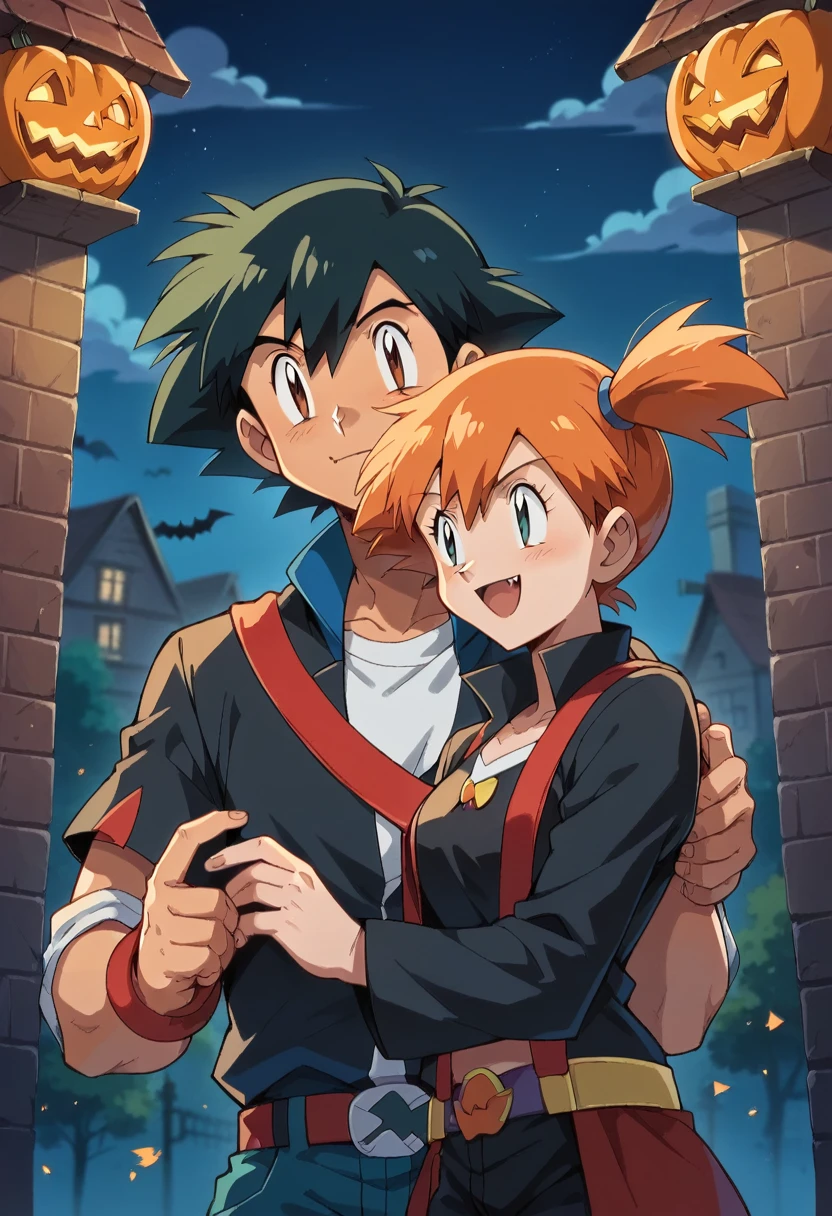 1boy, ash ketchum, black hair, brown eyes, hair between eyes, black vampire suit, handsome boy, macho, good looking boy 1girl, misty \(pokemon\), orange hair, side ponytail, black witch costume photograph of a 18 years couple, they're showing off their love and affection for each other, celebrating halloween, at night, terroriffic night, they look so happy