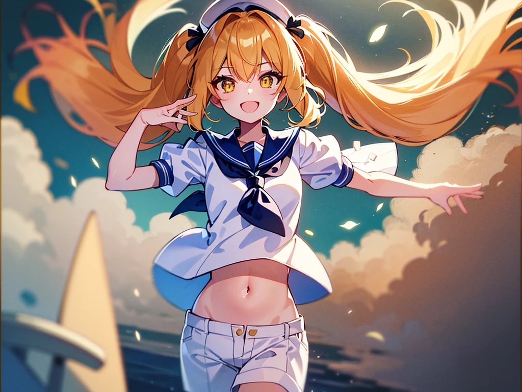 Twin-tailed golden-haired girl in sailor suit, Visible navel, Wear a hat and pants.a drawing of an anime character, clean line drawings, ultra cute girl, ultra cute face, ultra detailed eyes, ultra detailed hair, ultra cute, ultra beautiful, ((high end)), (UHD picture), (best quality,4k,8k,highres,masterpiece:1.2), top-quality(​masterpiece), top-quality, ultra-detailed, highly detailed texture, intricate details, high quality textures, masterpiece, best quality, perfect quality, perfect anatomy, perfect body, perfect symmetrical face, perfect hands, perfect feet, (two arms:1.2), (two legs:1.2), (five fingers each:1.2), (perfect joint:1.2), perfect joint movement, precise fingers and hands, 1 beautiful girl, 1 girl, alone, solo, , , ((())), ((ish)), (Best Quality, hight resolution), extremely detailed and lifelike, Vibrant colors, simple background, white socks, blonde hair, hat, blue sailor collar, twintails, sailor collar, sailor hat, yellow eyes, marine costume, short sleeves, shirt, blue neckerchief, white headwear, sailor, white shirt, white shorts, neckerchief, smile, Chiyuri