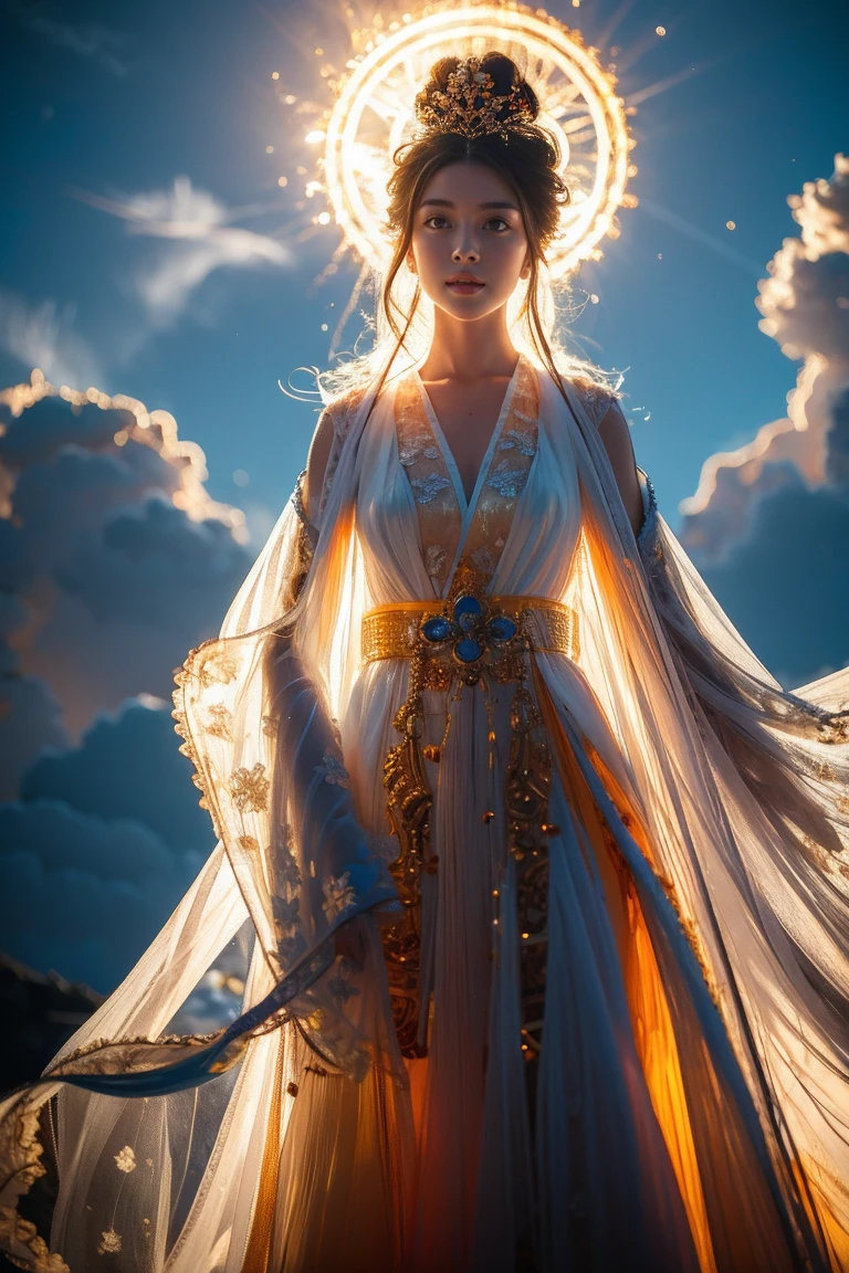 masterpiece,8k,Best Quality, high quality composition ,(Bright photo:1.2),Oriental legends ,Chinese Mythology,Chinese Immortal, Dynamic Poses , 1 girl,Alone, Black Hair , long sleeve , fusion of blue and orange clothes , Chinese clothes,Hanfu,(halo:1.2),dress, hair ornament that knocks down your hips,  half-length portrait , facing the viewers , turning hair into one bun ,  Forehead Mark ,