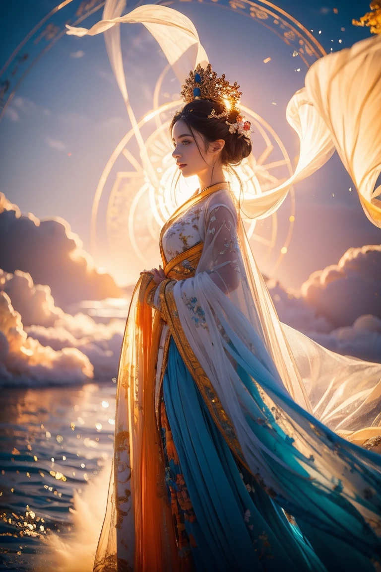 masterpiece,8k,Best Quality, high quality composition ,(Bright photo:1.2),Oriental legends ,Chinese Mythology,Chinese Immortal, Dynamic Poses , 1 girl,Alone, Black Hair , long sleeve , fusion of blue and orange clothes , Chinese clothes,Hanfu,(halo:1.2),dress, hair ornament that knocks down your hips,  half-length portrait , facing the viewers , turning hair into one bun ,  Forehead Mark ,