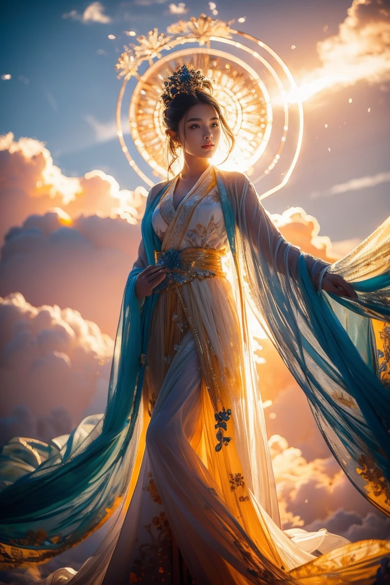 masterpiece,8k,Best Quality, high quality composition ,(Bright photo:1.2),Oriental legends ,Chinese Mythology,Chinese Immortal, Dynamic Poses , 1 girl,Alone, Black Hair , long sleeve , fusion of blue and orange clothes , Chinese clothes,Hanfu,(halo:1.2),dress, hair ornament that knocks down your hips,  half-length portrait , facing the viewers , turning hair into one bun ,  Forehead Mark ,