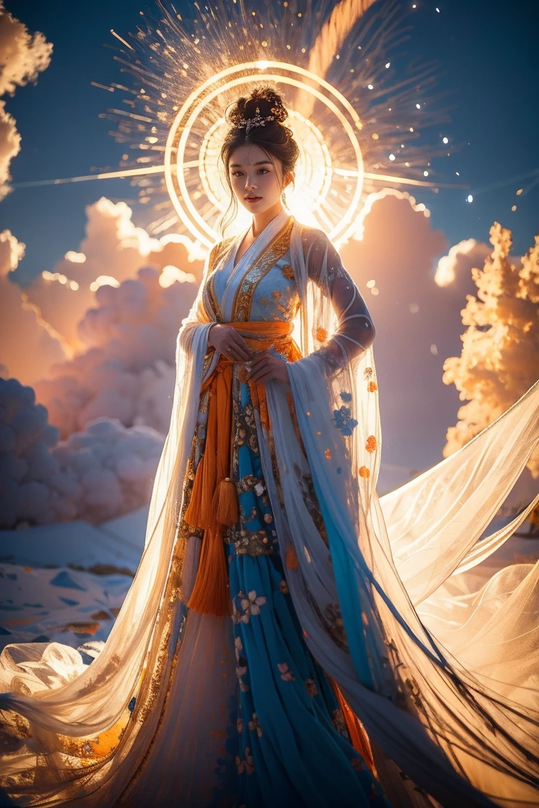 masterpiece,8k,Best Quality, high quality composition ,(Bright photo:1.2),Oriental legends ,Chinese Mythology,Chinese Immortal, Dynamic Poses , 1 girl,Alone, Black Hair , long sleeve , fusion of blue and orange clothes , Chinese clothes,Hanfu,(halo:1.2),dress, hair ornament that knocks down your hips,  half-length portrait , facing the viewers , turning hair into one bun ,  Forehead Mark ,