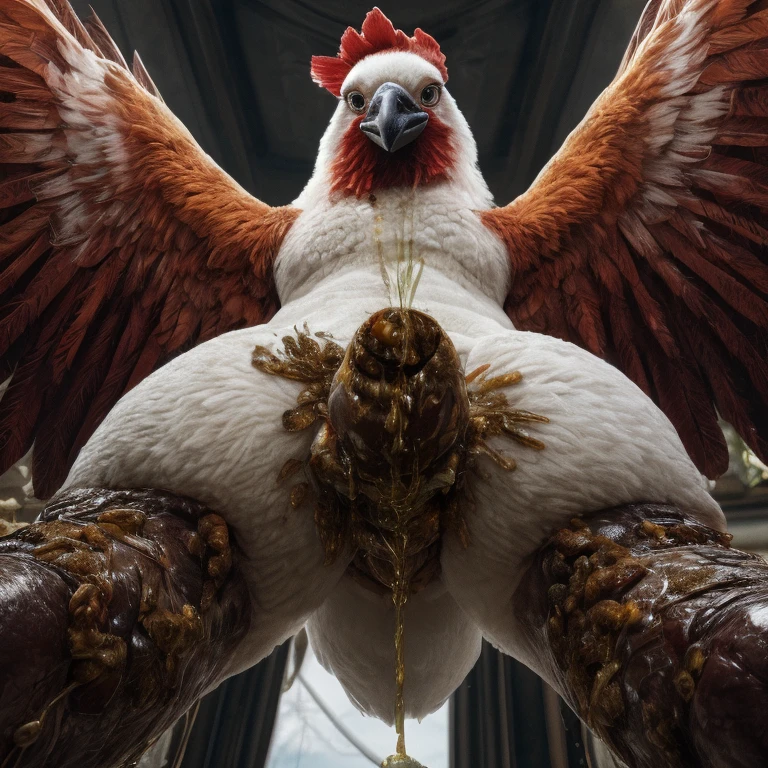 (((solo, feral))), ((((feral white chicken, egg laying, huge cloaca, urine, two legs, huge hips, standing, front low angle view, spreading legs, open wings, spreading wings, tail up, front view, feces egg, butt focus)))), photorealistic, hyper realistic, cinematic colors, cinematic lighting, incredible detail, 16k resolution, award winning photography, masterpiece, high details, high quality, best quality, highres, HD