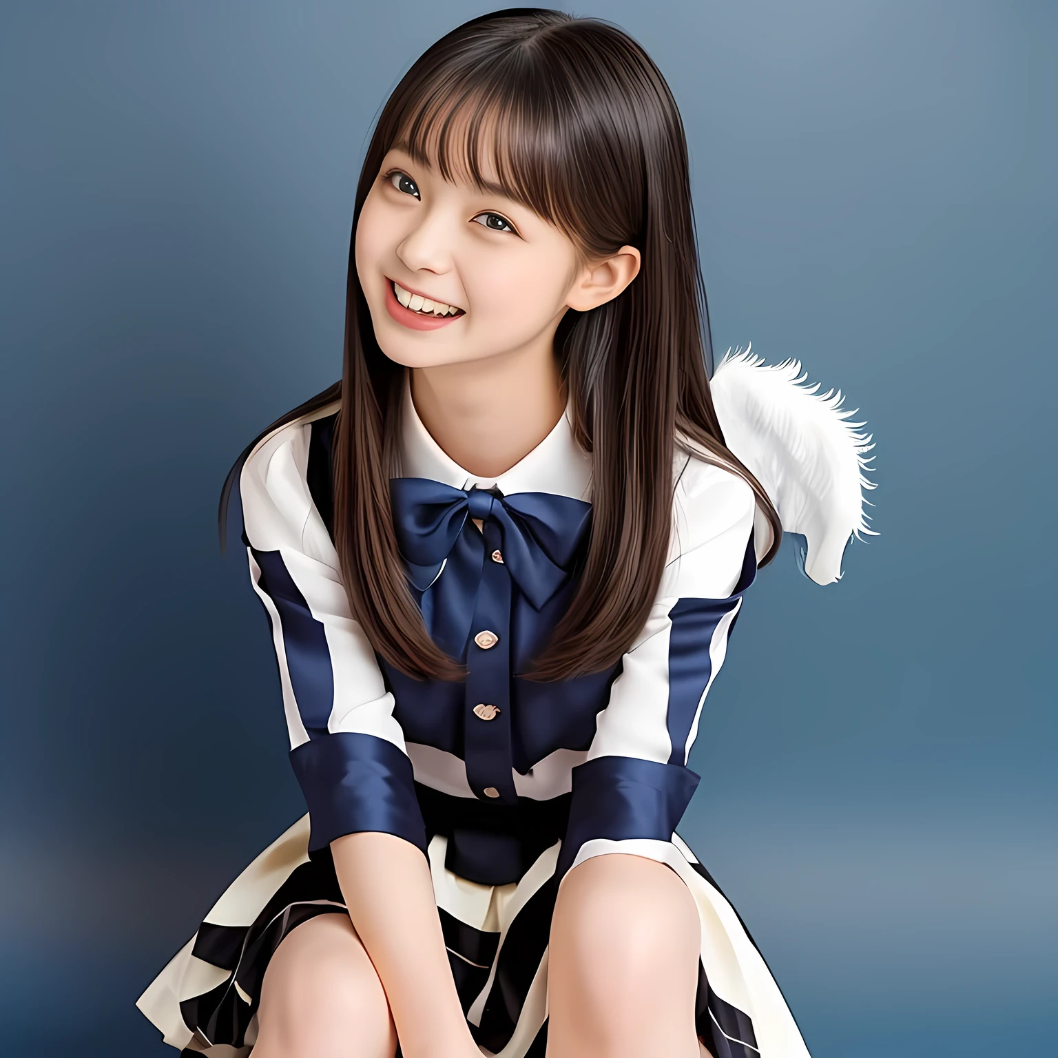 (Highest quality, masterpiece:1.2), Highest quality, High resolution, 1080P, 8k, (A noble, graceful and Japanese young girl who have a best proportion are seated giggling at me with extreme beatitude, laughing and posing like a fashion model, using face-whitening cosmetics: 1.5), (She is getting out of the picture: 1.6), (Well-balanced, impressive, Intelligent, drooping, double-eyelids, brown shiny large eyes with detailed make me feel her intelligence: 1.5), (Frilled Frilled expensive noble white cute silk shiny blouse, cream-colored pleated skirt with blue side ribbons: 1.5), ((Beautiful well-figured glossy lips)), (Plain blue school ribbon on the mature breast), (Girl whom everyone loves because of her beauty and beautiful eyes and lovely fashion and noble manner and magic-charm of succubus), (Very beautiful, glossy, cute neat black hair: 1.3), (Drives me crazy for her glossy neat hair and Make me fall into her mouth), (plain blue background: 1.6), (Best style like a 13yohion model, mature breast), ((Completely balanced beautiful eyes)), ((Completely balanced beautiful eyes)), (eyes, face and hair are especially beautifully detailed and beautifully drawn: 1.5), (Satisfactory best shot by professional infamous women's photographer: 1.5), (The soft white light clearly shows her face extremely white: 1.2), (Very soft laughing cheeks, very soft hands, People who touch it feel eternal pleasure: 1.2), (Show me your cutest glossy face!!: 1.6), (Everything is too expensive and noble like a angel including her expression, giving kiss and mercy to poor miserable me!: 1.5)