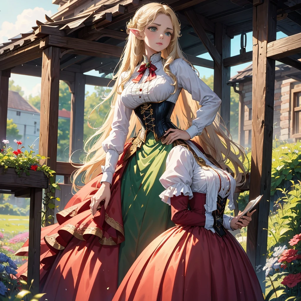 sophisticated elven woman, Steampunk, dress , mature d woman, muted colors, sepia filter, Mature, well-endowed bust,  Victorian era, Detailed eyes, Elegant, 待ち女中のElegant淑女, hairless, long blonde hair, emerald green eyes , long full-length skirt, blouse,  underbust corset , higher than the camera, Mature Woman, leather corset, embroidered garment, Matured woman,  sexy, Powerful, white ribbed blouse, red dress with gold accents, elegant refined beauty, maternal, maternalの, Affectionate, protective,  plump, thick, thick, thicker, Full skirt, blouse open, showing clever, 1800s, 19th century, Steampunk elf maid


、 CG in detail , (Perfect fingers,   Full Anatomical Body Expression ), Big Breasts、Big Breasts 、breast、Big Ass、Chubby、Plump、Voluptuous、 thin waist 、Thick thighs、 Brilliant Lingerie 、 angle of view depicted obliquely looking down from above、 chest emphasis 、Accentuate your buttocks、