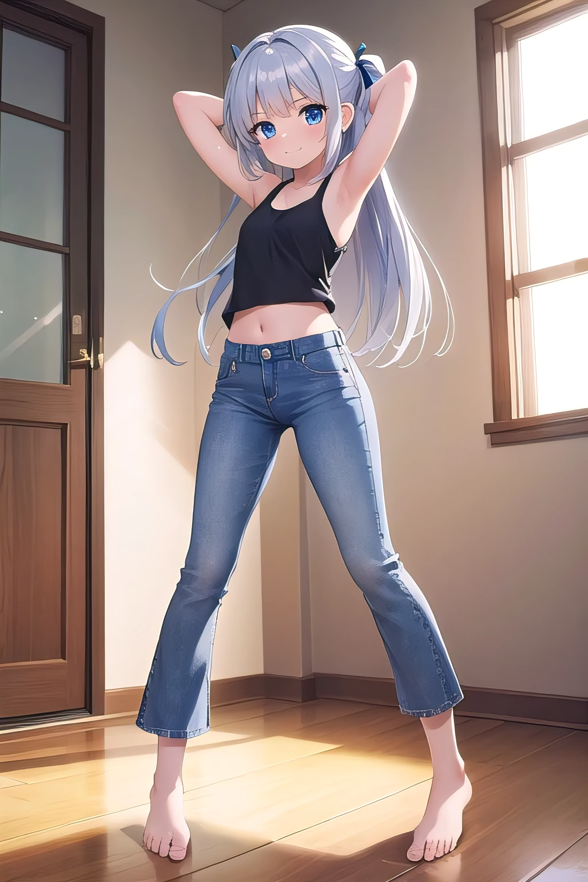 ,longye hair,((silver hair,blue colored eyes)), Day Light, sunshine light, (perfectbody : 1.0), neck, chain, full body shot shot, Wear a black sleeveless t-shirt, jeans jacket, ((shorts)),(Masterpiece artwork), (the best quality:1.0), (Ultra-high:1.0), beautiful lighting ,Perfect Lightning, realistic shadows, [High resolutions], skin detailed, ultra detaild,arms behind the head, breasts big, anime styling, thin woman，The body  very thin，Rib chest，The waist  very thin，The ribs are noticeable，Protruding ribs，The waist  very thin，Sunken abdomen，Delicate arms