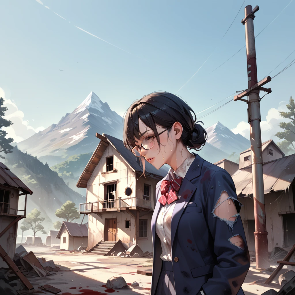 Black Hair,blazer,Torn clothes,Dirty clothes,Clothes with stains ,Glasses,Sweaty, Drenched ,In the mountains,Abandoned house,Abandoned Village, 1 girl, 