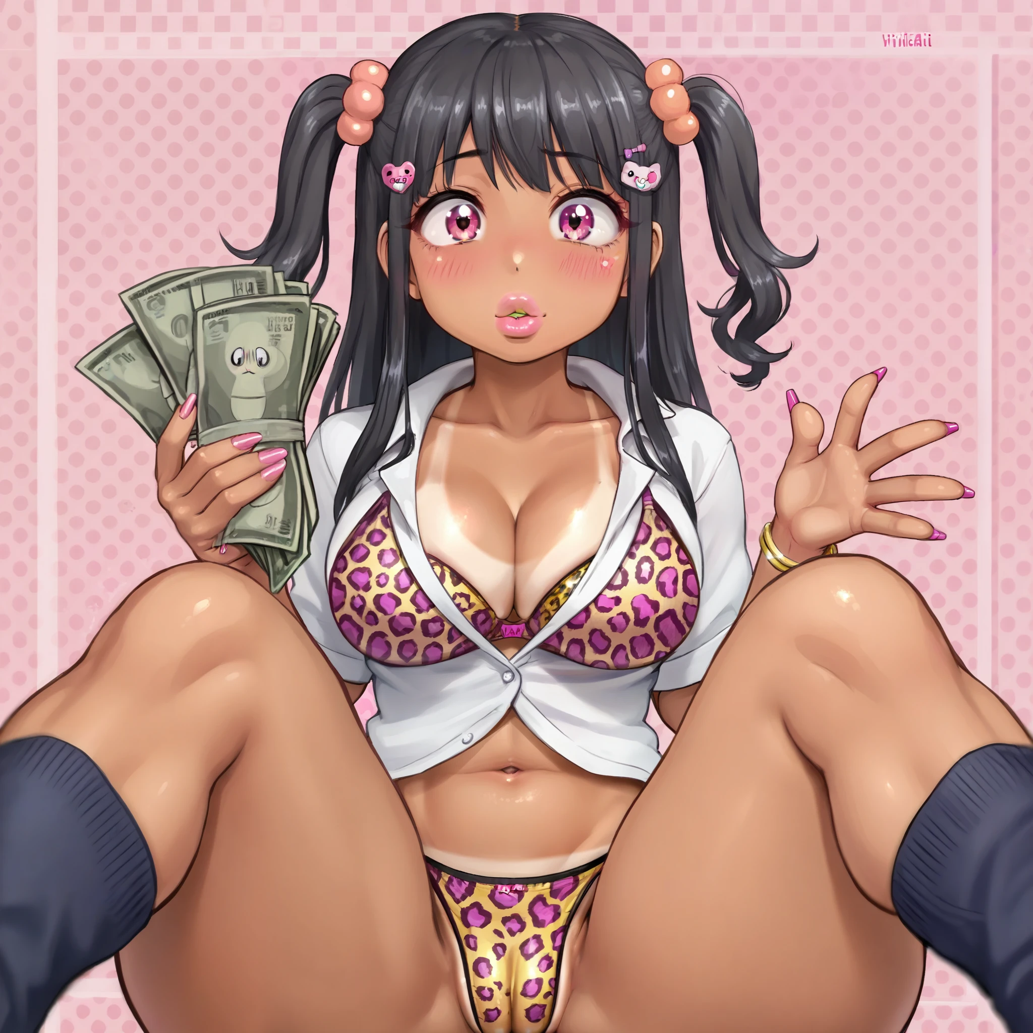 ((sexy girl, gyaru)), bimbo, nsfw, lewd, cute, ero, ecchi, suggestive, tan skin, big butts, thick thighs, huge , big eyes, glamorous, blushing, flushed face, pink eyes, big lips, two side up black hair, tan lines, leopard print bra, leopard print panties, any pose, hair accessories, thicker, longer hair, howing cameltoe, cute, super cutesy, cutesy, kawaii, cute expression, pouty lips, blushing, kawaii background, cute detailed background, detailed background, Score_9,Score_8,score_7_up,source_anime, rating_questionable, (being handed money) (money povhldg) (handing money pov) ((school girl pink outfit)), ((cute)), kawaii