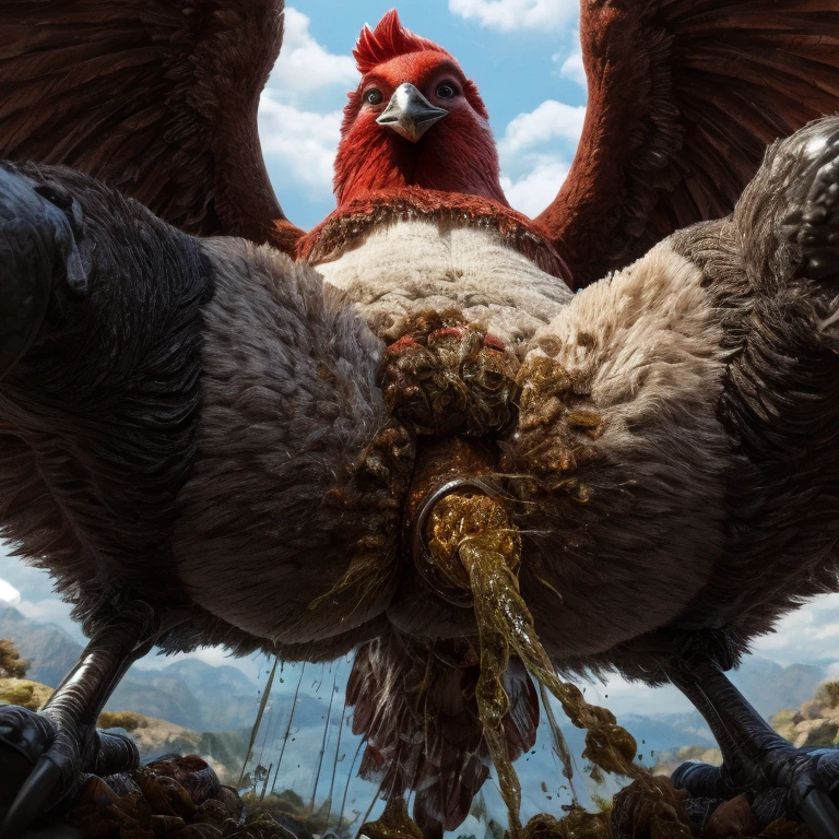 (((solo, feral))), ((((feral white chicken, urine, huge cloaca, urine, chicken legs, huge hips, standing, front low angle view, spreading legs, open wings, spreading wings, tail up, front view, feces, butt focus)))), photorealistic, hyper realistic, cinematic colors, cinematic lighting, incredible detail, 16k resolution, award winning photography, masterpiece, high details, high quality, best quality, highres, HD