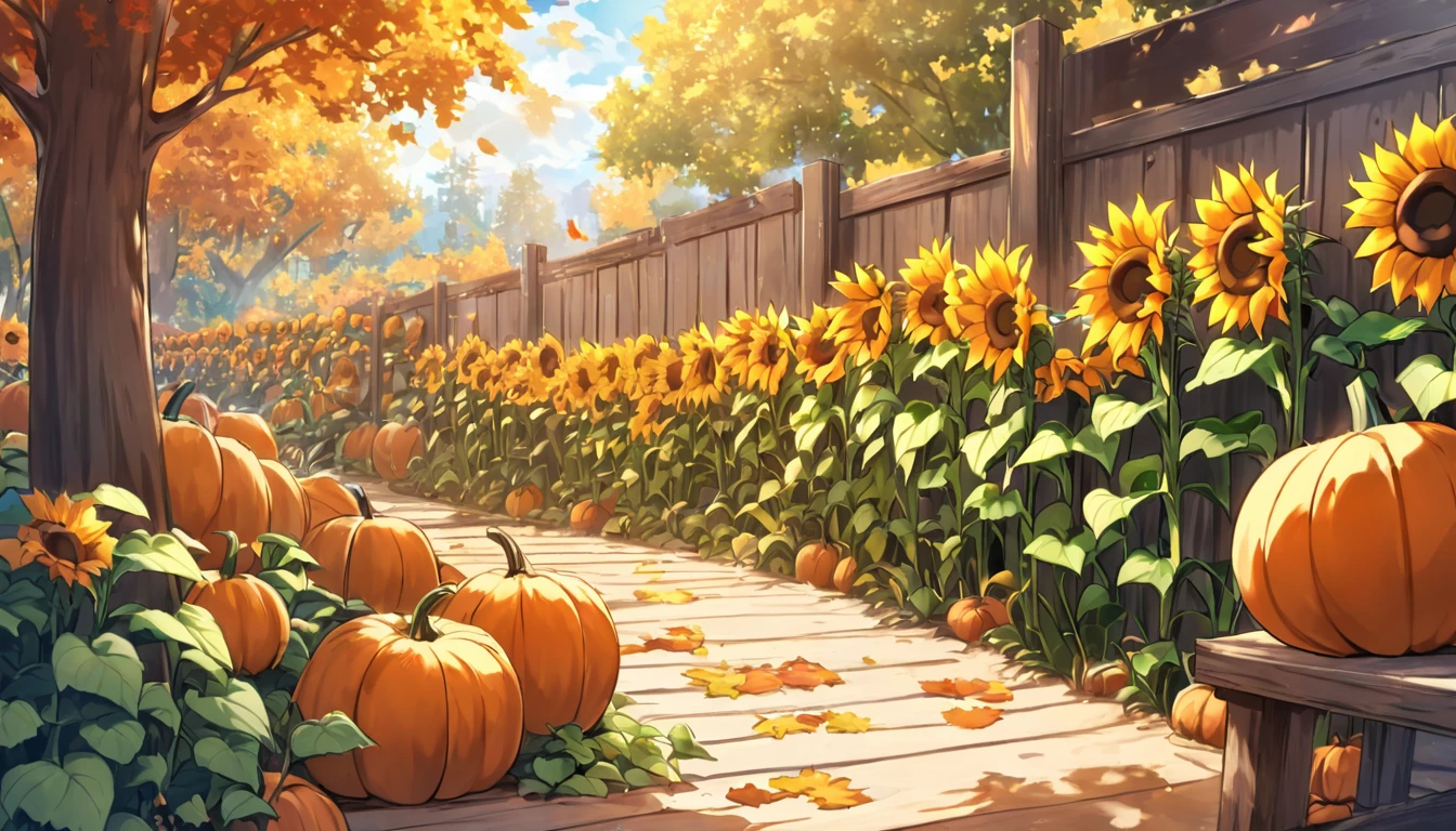 cozy autumn scene in a pumpkin patch on a sunny late afternoon. In one corner, a small, cheerful pumpkin named Pip sits with a playful expression, laughing heartily. Pip's eyes are squinting, his mouth open wide, mid-burp, looking absolutely delighted. Around Pip, a few other pumpkins, each with light, friendly faces, chuckle along with him, adding to the joyous atmosphere. In the background, a rustic wooden fence runs along the edge of the patch, with tall sunflowers standing proudly behind it, adding a bright yellow contrast to the autumnal orange tones. To the left side, a wooden signpost with various arrows points in different directions, and one arrow near Pip reads, “Pip the Pumpkin.” On the opposite side of the patch, another collection of pumpkins sits, balancing the scene. The warm colors of the pumpkins, sunflowers, and leaves, combined with soft shadows from the afternoon light, create a welcoming and playful vibe that captures the spirit of autumn and the lighthearted charm of Pip’s antics.