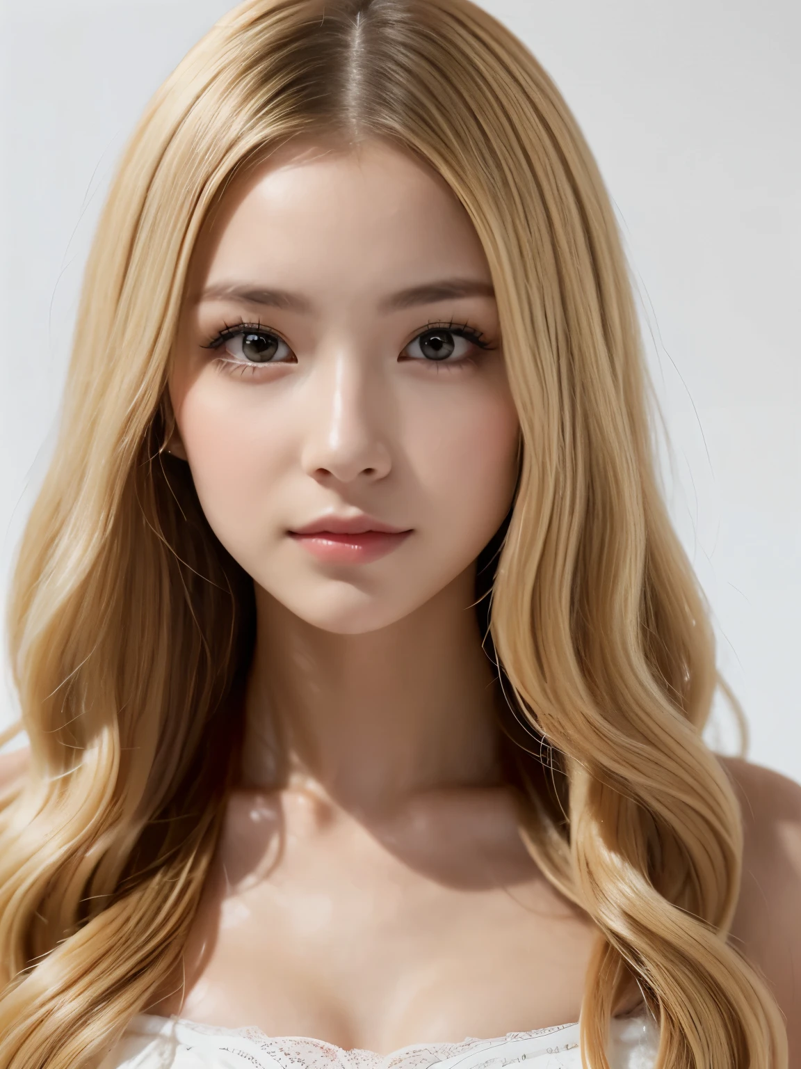 ((((blonde, Super long hair, very Long Hair, Fluffy Wave, white background, blonde, Look forward, Nordic))))))), blonde, Tabletop, Highest quality, Photorealistic, In detail, High resolution, 8k wallpaper, Perfect dynamic composition, Beautiful attention to detail, Long Hair, Big ample breasts, 24-years-old, (Droopy Eyes 1.4), Adult Beauty, Japanese, Normal Breasts,