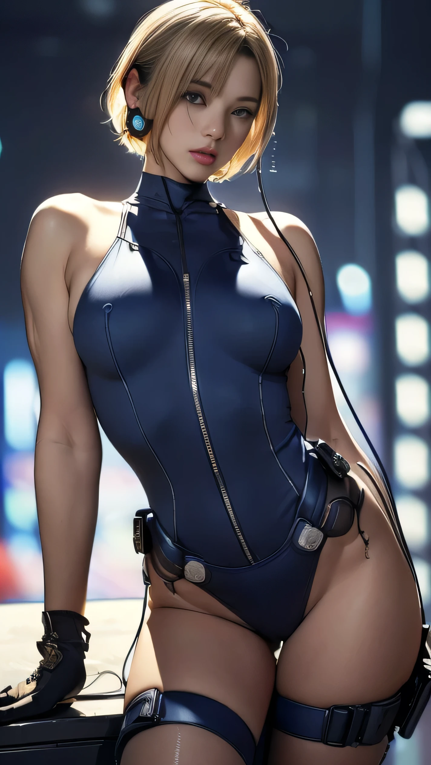 (woman),(((フューチャーフォースのwomanメンバーがバイクに乗っている))),((Navy blue tactical high leg bodysuit:1.5)),((earphone:1.5)),((Tactical Holster:1.5)),(gloves:1.5),(Severe:1.5),(Super Short Hair:1.5),(blonde:1.5),(Beautiful Eyes:1.3),(Very detailedな顔:1.5),((Very detailed drawing of a female hand:1.5)),((Muscular:1.5)),(Sexy Appearance:1.5),((Thick thighs:1.5)),(Beautiful body:1.5),((Very sensual:1.5)),(Background is a hanger:1.5),(Cyberpunk atmosphere:1.5),(((Blurred Background:1.5))),(Depth of written border:1.5),rest(((masterpiece:1.5),(Highest quality:1.5),(Very detailed:1.5),(High resolution:1.5),(practical:1.5),(practical:1.5),(Delicate depiction),(Carefully drawn))),8k,wallpaper