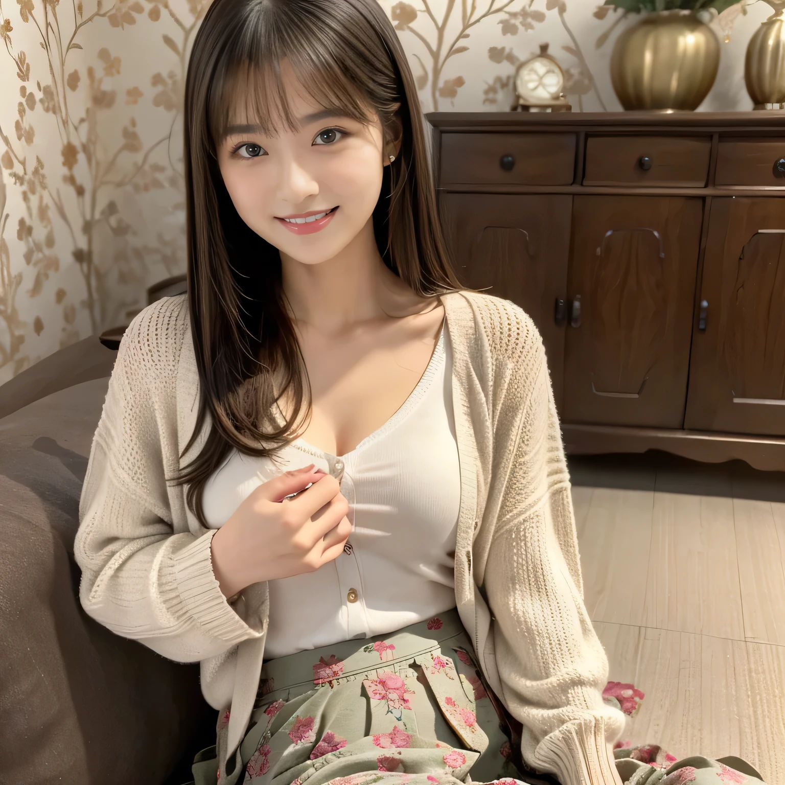 (8k、RAW Photos、Best image quality、masterpiece:1.2)、(Genuine、フォトGenuine:1.37)、Super Detail、Ultra-high resolution、girl、1 person、See the beholder、Beautiful face in every detail、smile、narrow、 (Narrow waist) :1.3)、Dense and beautiful skin、Skin Texture、Flowing Hair、Professional Writing、Long Hair、blonde、high school girlの、high school girl、School Area、Bob Hair、happy smile、baby face smile、No makeup、、Slightly thin、B cup breasts、nsfw、mini skirt、one&#39;s home、My house、On the bed、(white panties)、(intricate panties:1.2)