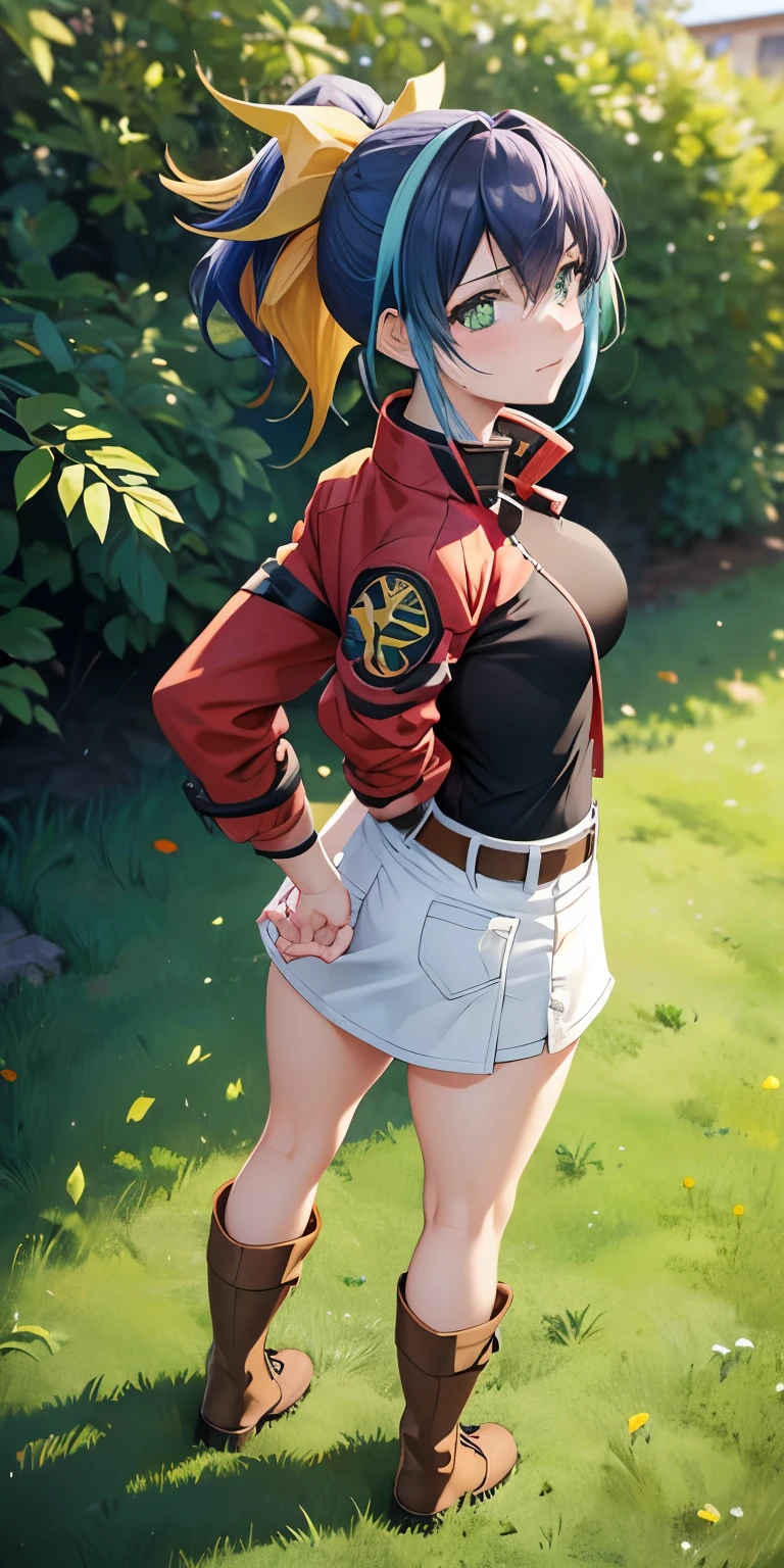 1 Female,High definition,high resolution,Ultra-realistic,8K, aaserena, yellow ponytail, ((multicolored hair)),green eyes, red jacket, black shirt, belt, white skirt, tight skirt, miniskirt ,brown boots, medium breasts,European,sexy,Upper body close-Photographed from the front,Dynamic Angles,private teacher,blush, small tits ,(top view),(full body), Multicolored hair ,(from behind ),big ass