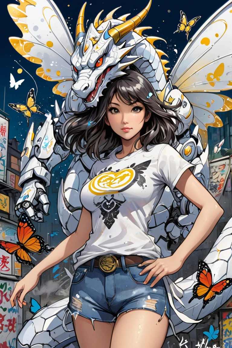 Mecha Dragon ::Bottom, mixed language_text, Japanese graffiti letters, , Excellent lighting,  side lighting, perfect ending :: comix style by joe madureira action ::  circular pieces of white metals glued to the arms with ultra detailed shimmering glitter , perfect and detailed,  ultra detailed shirt with abstract design and printed with Japanese letters in graffiti on the sides of the clothes, image of garotas with big breast , banksy art sticker, butterflies, freedom, almost, Illustration digital, Comic style, , centered, Approaching perfection, dynamic, highly detailed,  Watercolor Painting , art station,  conceptual art , suave, sharp focus, Illustration, arte de Carne Griffiths e Wadim Kashin
