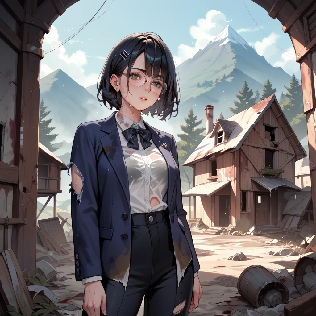 Black Hair,blazer,Torn clothes,Dirty clothes,Clothes with stains ,Glasses,Sweaty, Drenched ,In the mountains,Abandoned house,Abandoned Village, 1 girl, 