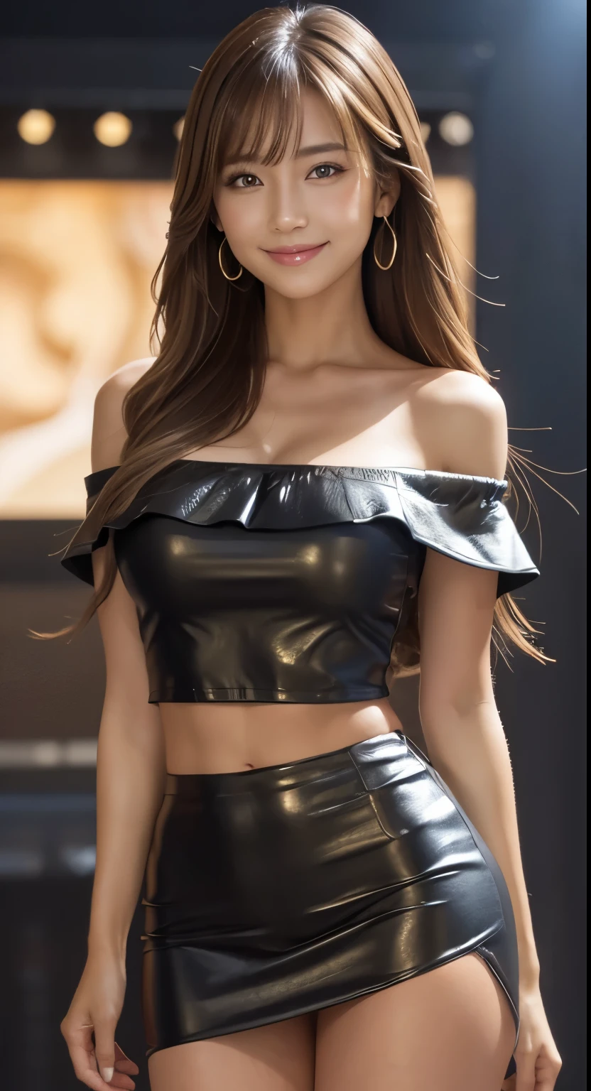 ((masterpiece)), ((Best Quality)), (Super detailed), Genuineistic, Genuine, Dynamic Angle, One girl per photo, Full Body Shot , Front View, 日本の若くてかわいい girl, With a big smile, Long Hair, In nature, off-shoulder tops shining on stage , Leather ultra mini skirt, A pose that emphasizes the chest, Open V Outfit , small breasts, Super cute face , Glossy lips, Perfect double eyelids on both eyes, natural makeup, shiny smooth light brown hair of Long Hair, asymmetrical bangs , high resolution, high detail, very detailed, Detailed hairstyle, detail face , shiny skin, movie lighting , octane rendering , hyper Genuineistic, Perfect body, COMPLETE ANATOMY、1 girl、