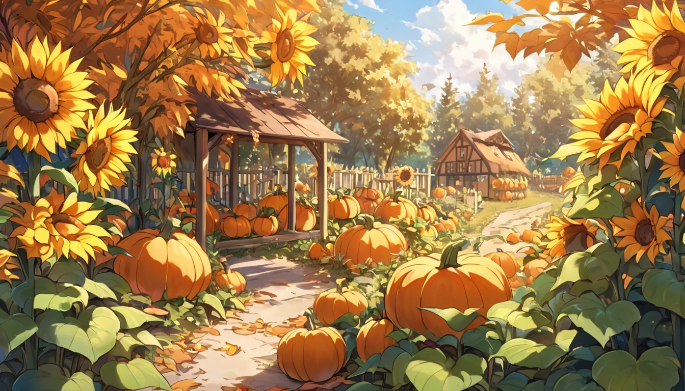 cozy autumn scene in a pumpkin patch on a sunny late afternoon. In one corner, a small, cheerful pumpkin named Pip sits with a playful expression, laughing heartily. Pip's eyes are squinting, his mouth open wide, mid-burp, looking absolutely delighted. Around Pip, a few other pumpkins, each with light, friendly faces, chuckle along with him, adding to the joyous atmosphere. In the background, a rustic wooden fence runs along the edge of the patch, with tall sunflowers standing proudly behind it, adding a bright yellow contrast to the autumnal orange tones. To the left side, a wooden signpost with various arrows points in different directions, and one arrow near Pip reads, “Pip the Pumpkin.” On the opposite side of the patch, another collection of pumpkins sits, balancing the scene. The warm colors of the pumpkins, sunflowers, and leaves, combined with soft shadows from the afternoon light, create a welcoming and playful vibe that captures the spirit of autumn and the lighthearted charm of Pip’s antics.