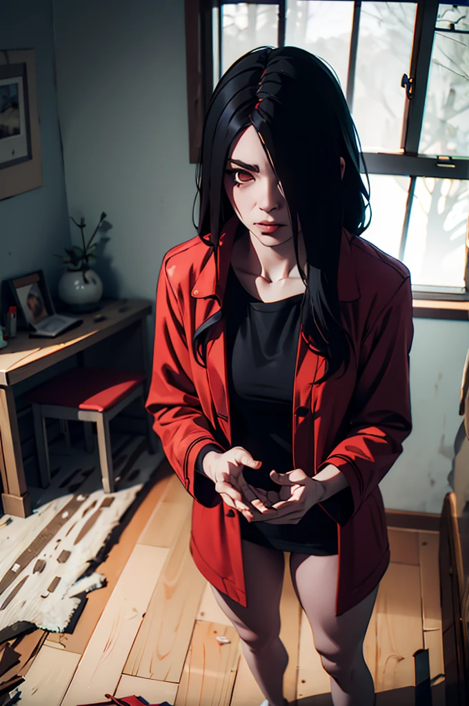 The black-haired woman covered her entire face, pale white, bloodless skin, a tight red coat, a sexy doll, inside a gloomy abandoned house.