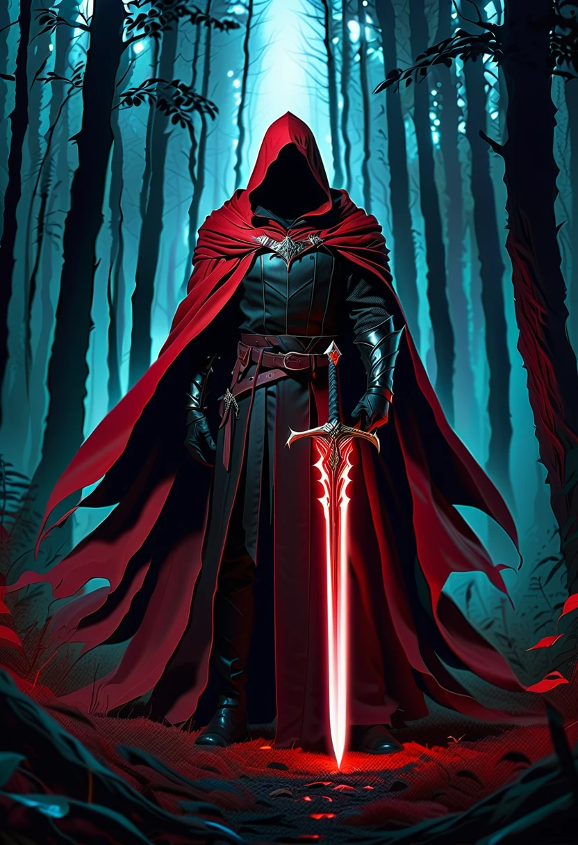 a man in a cloak holding a sword in a dark black and Red forest, hold sword in the forest, Glowing sword (Red),dark fantasy style art, Dark Fantasy Artwork, arte de fantasia 8k, dark fantasy style, Art fantastique 4k, Epic fantasy art style HD, Dark Fantasy Art, Dark fantasy concept art, Epic fantasy digital art style, in style of Dark Fantasy Art, Glowing sword in hand