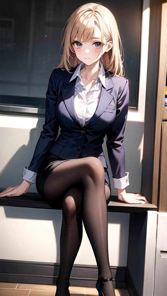 (masterpiece, Best Quality:1.2),  1 girl, Alone ((Best Quality)), ((masterpiece)), ( Familiar )  perfect face、 mature beautiful woman 、  sitting with legs crossed  , ,whole body, 観客を足元に look down、 look down、Office Style、 business suits 、 black jacket、White open-collar shirt、Knee-length pencil skirt、 black pantyhose、 wearing black high-heeled pumps、 look down、Pushing the shoe towards the viewer、Thrust One&#39; High Heeled Feet Aimed at Viewers 、High Heels Close Up 、I'm wearing black high-heeled pumps 、Beige sole、Viewers look up at this woman from below 