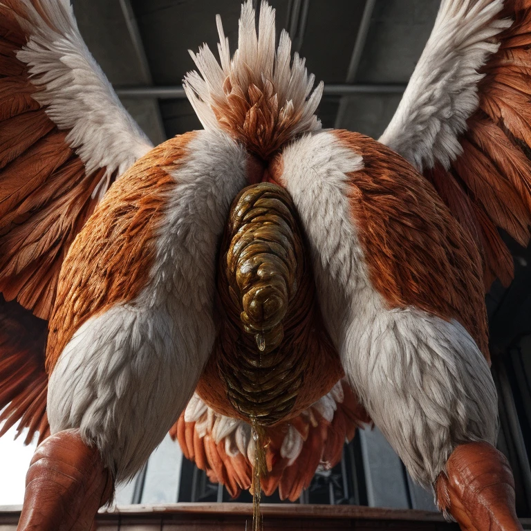 (((solo, feral))), ((((feral white chicken, urine, huge cloaca, urine, chicken legs, huge hips, standing, rear low angle view, spreading legs, open wings, spreading wings, tail up, rear view, scat, butt focus)))), photorealistic, hyper realistic, cinematic colors, cinematic lighting, incredible detail, 16k resolution, award winning photography, masterpiece, high details, high quality, best quality, highres, HD