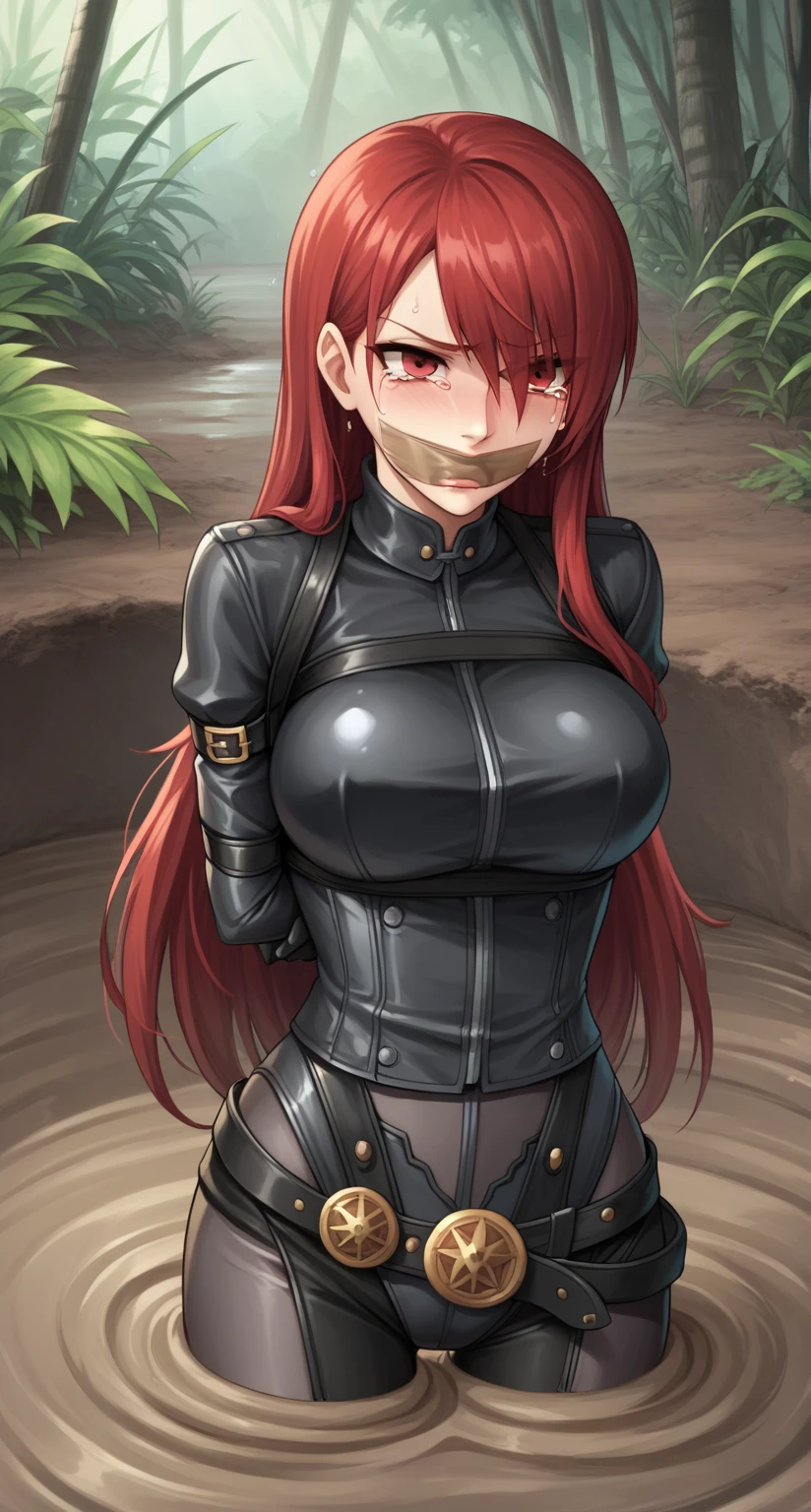 (black bodysuit, grey bodysuit:1.4), kirijou mitsuru, (red eyes, long hair, red hair:1.4), 1girl, (gag, gagged, tape gag, restrained:1.4), (((fear, tears, crying))), thigh gap, (((large breasts))), ((a girl is sinking into quicksand)), ((quicksand)), (((standing))), sinking in quicksand, partially submerged, (only upper body visible), Sinking in mud, jungle, (arms behind back:1.4), (framed breasts), (toned body:1.2), kirijoarena, hair over one eye, black bodysuit, black gloves, belt, (covered breasts:1.1)
