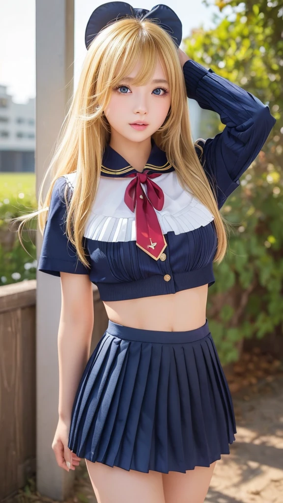 Sexy 17 year old with dazzling shiny blonde hair、School Sailor Uniform、The cutest little beautiful face in the world、Sparkling bangs dancing in front of her pretty face、Long, silky bangs that cover the eyes、Large, clear, bright blue eyes、Hair above the eyes、Hair on the face、Super long straight hair、Cute young woman with super long blonde shiny light hair、Small Face Beauty、Round face、Very big 