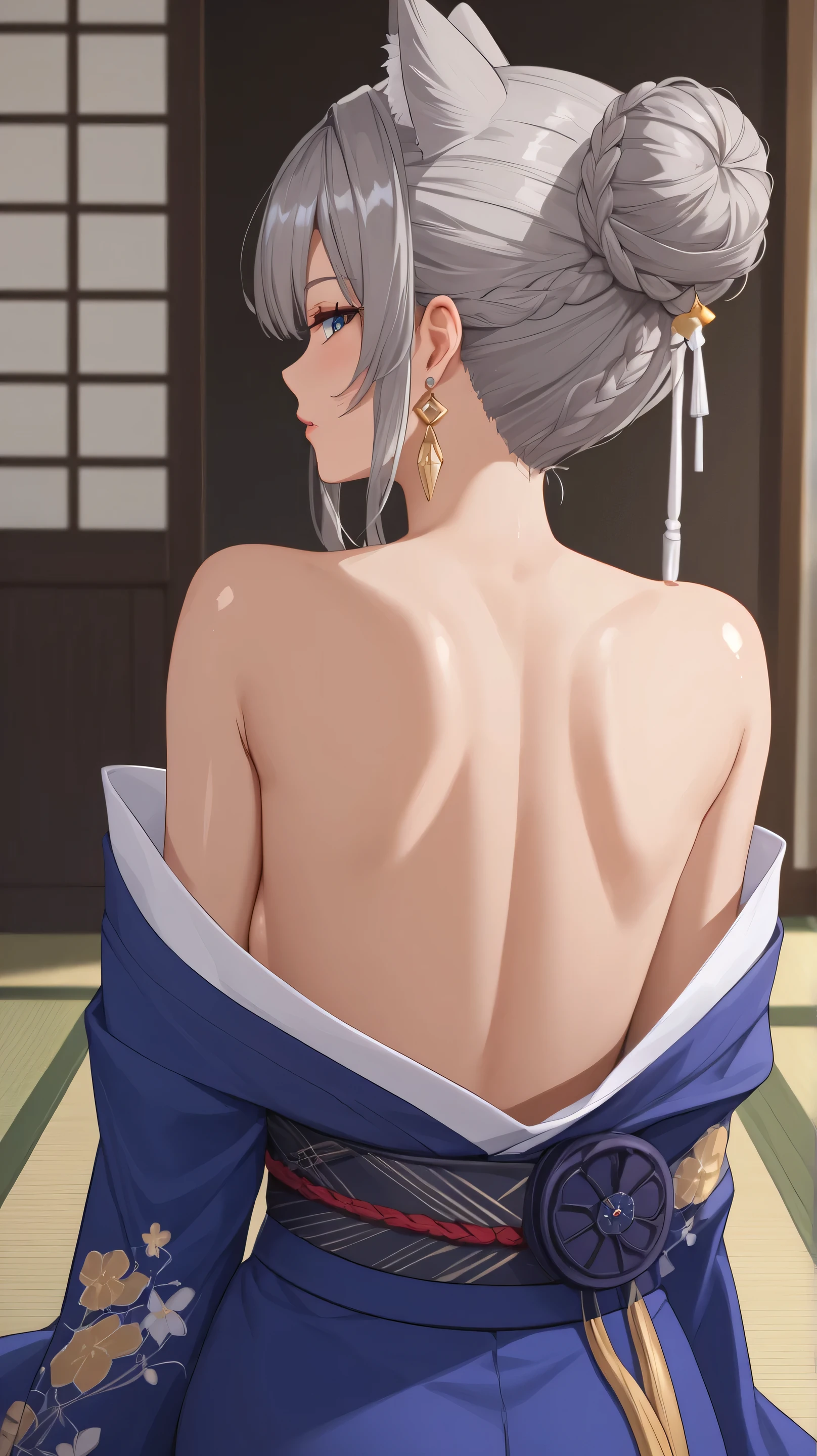 score_9,score_8_up,score_7_up, shiny skin,1 girl, VestiaZeta, Vestia Zeta HoloLive, vestiadef, braid, cone hair bun, single thighhigh, grey hair, girl with grey hair, earrings, perfect face, accurate, textured skin, high details, kimono, wearing japanese traditional cloth, kanzashi, from back, shiny skin, back pov, cowboy shot, back camera, looking at viewers, naked back, looking at viewers