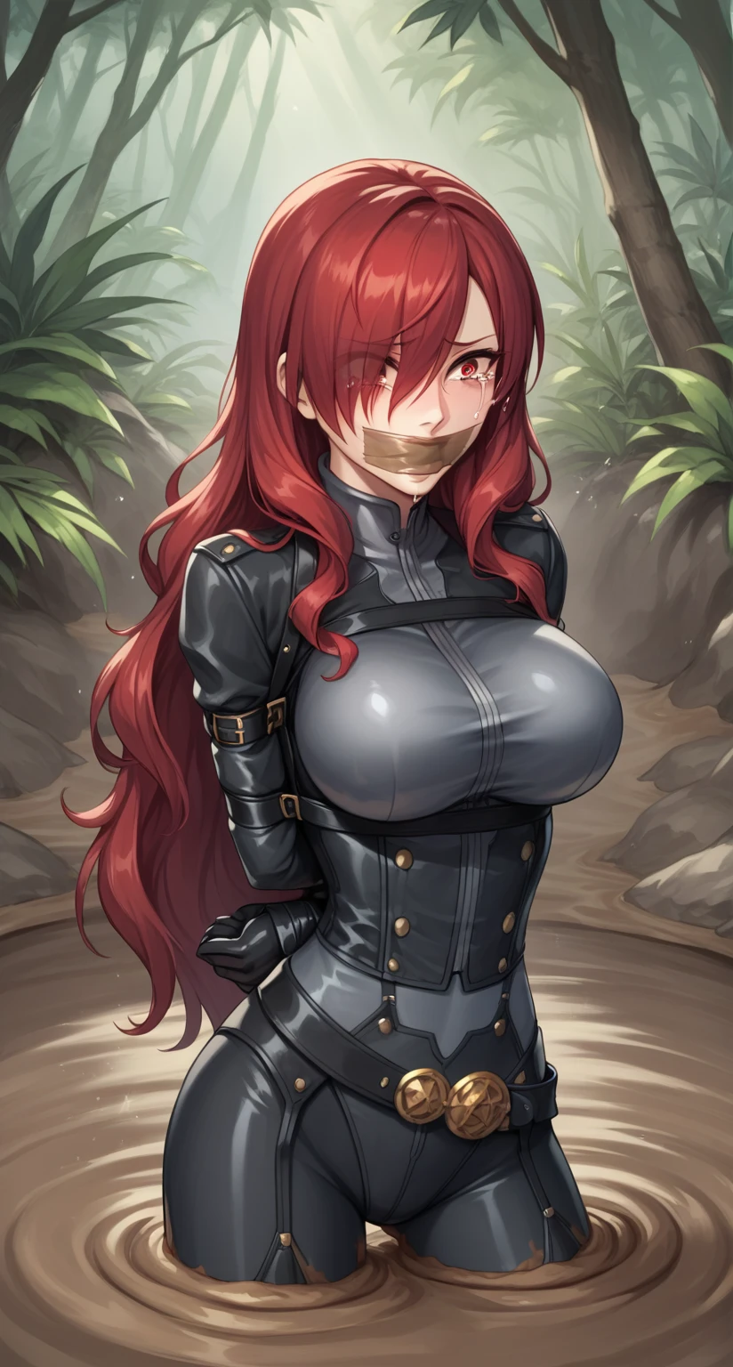 (black bodysuit, grey bodysuit:1.4), kirijou mitsuru, (red eyes, long hair, red hair:1.4), 1girl, (gag, gagged, tape gag, restrained:1.4), (((fear, tears, crying))), thigh gap, (((large breasts))), ((a girl is sinking into quicksand)), ((quicksand)), (((standing))), sinking in quicksand, partially submerged, (only upper body visible), Sinking in mud, jungle, (arms behind back:1.4), (framed breasts), (toned body:1.2), kirijoarena, hair over one eye, black bodysuit, black gloves, belt, (covered breasts:1.1)
