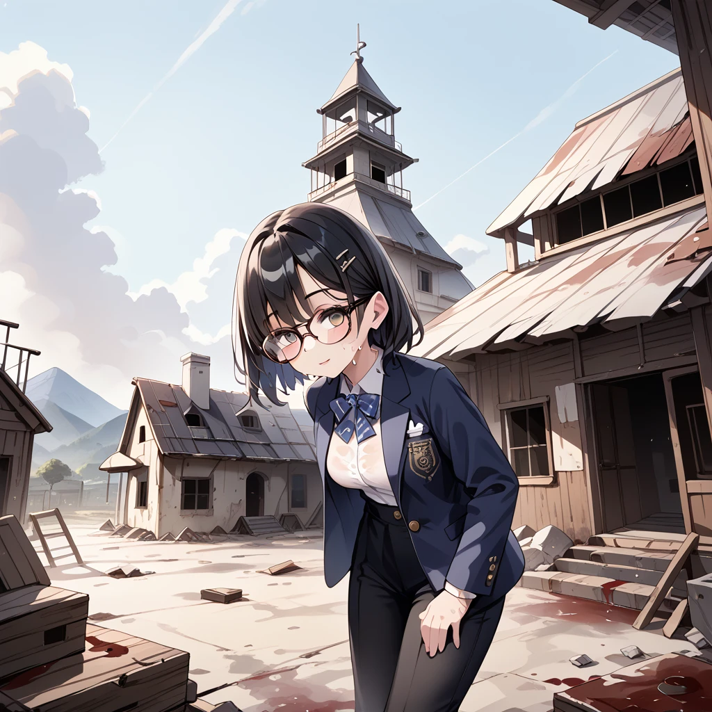 Black Hair,blazer,Torn clothes,Dirty clothes,Clothes with stains ,Glasses,Sweaty, Drenched ,In the mountains,Abandoned house,Abandoned Village, 1 girl, 