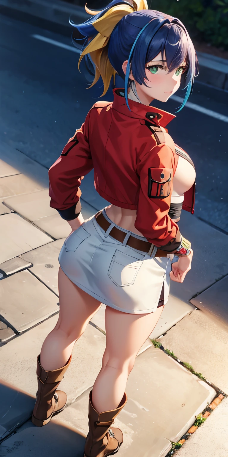 1 Female,High definition,high resolution,Ultra-realistic,8K, aaserena, yellow ponytail, ((multicolored hair)),green eyes, red jacket, black shirt, belt, white skirt, tight skirt, miniskirt ,brown boots, medium breasts,European,sexy,Upper body close-Photographed from the front,Dynamic Angles,private teacher,blush, small tits ,(top view),(full body), Multicolored hair ,(from behind ),big ass