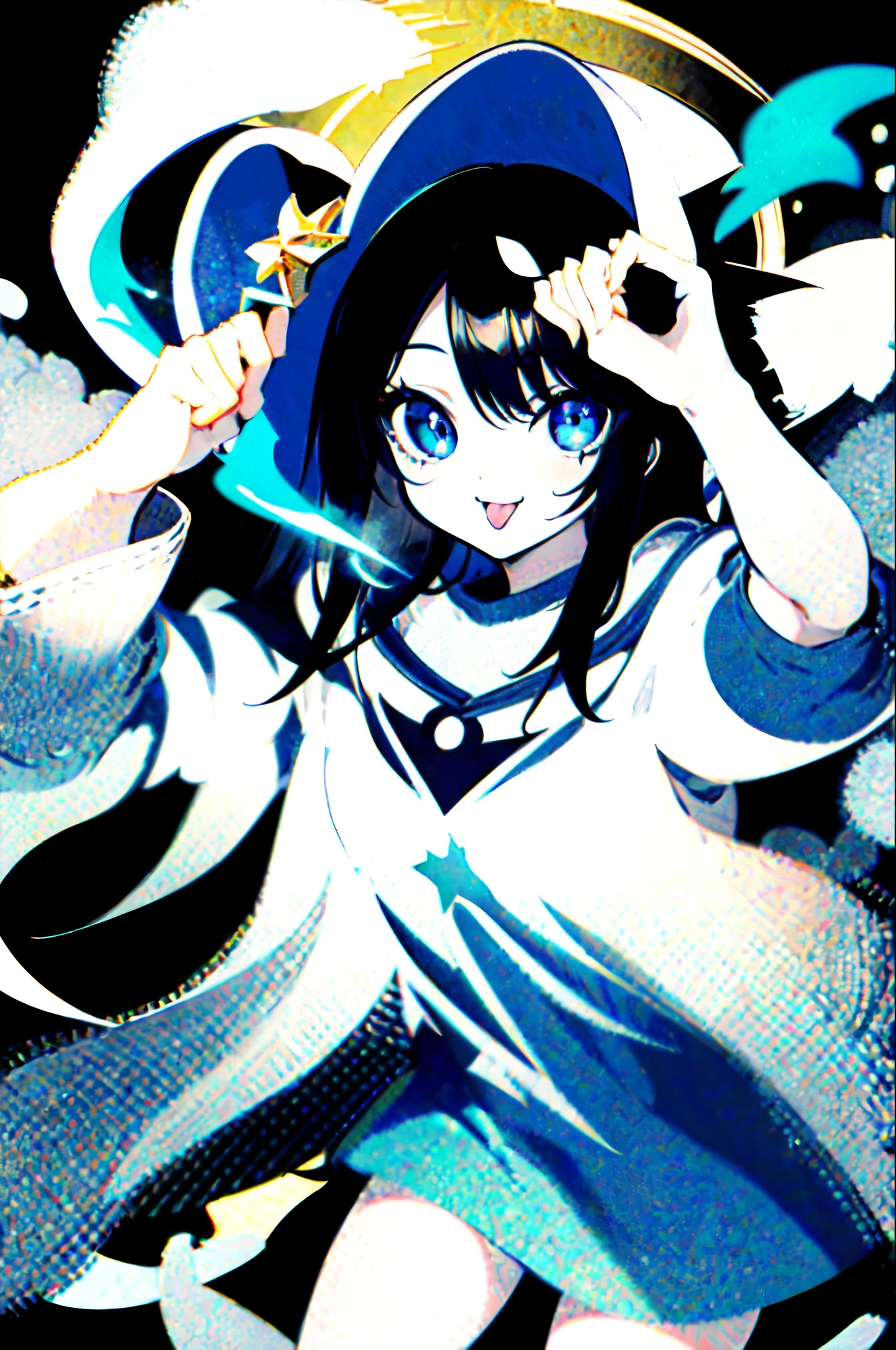 1 girl, alone , ( masterpiece , best quality, Excellent quality), ( eyes are beautiful and detailed shiny blue.), ( focus on eyes ), (nonsense:1.2), original age outfit , Long hair, Black hair,( Naughty smile ), :p, Stick your tongue out, (Fantasy), Dynamic Perspective , dynamic pose, will-o'-the-wisp, Fantasy background, Shrine, nighttime, dark, ( God's light ), candles , So cuff , Ghost Costume , headgear , white headgear , straight on, Look at the audience, Cowboy Shoot, (cute), Focus on face,