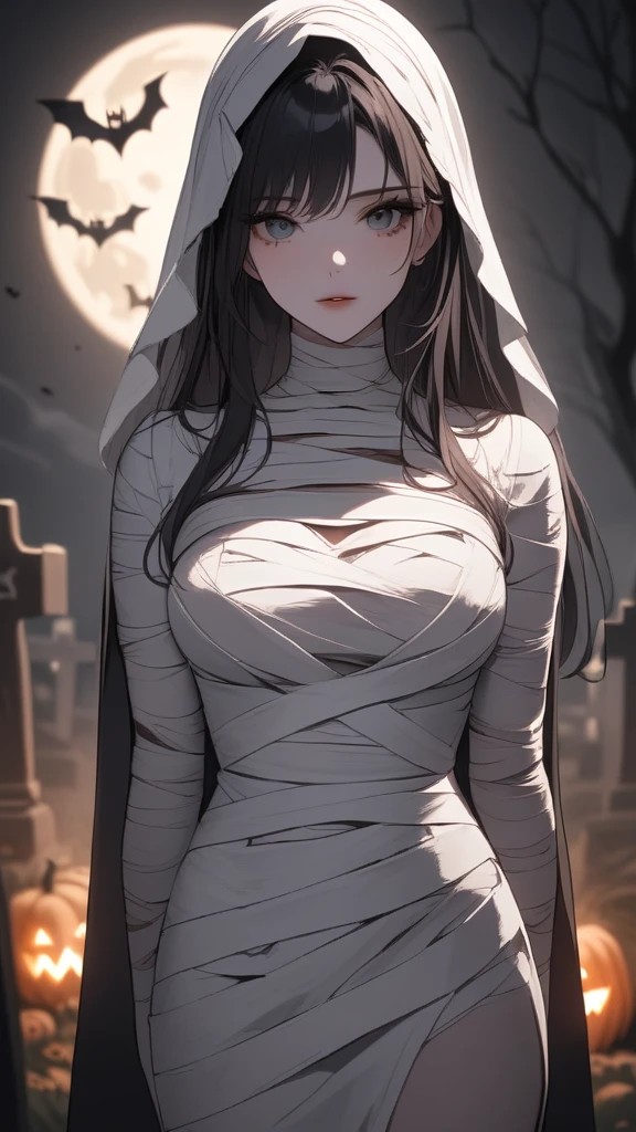 (masterpiece, best quality:1.2), 1 beautiful girl, detailed eyes, detailed lips,detailed face and skin, long eyelashes, solo, mummy, bandage, creepy, standing, looking at viewer, straight-on, graveyard, full moon, night, Halloween, dark, moody, atmospheric, cinematic lighting, dramatic shadows, surreal, horror, mystery, coffin 