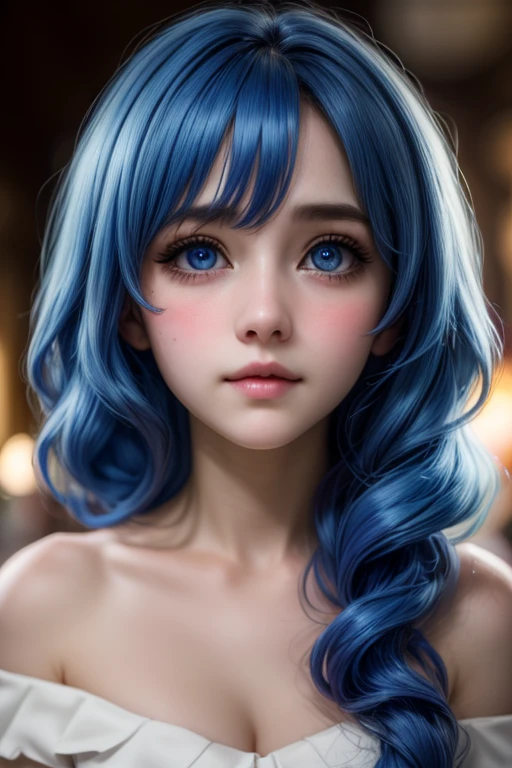 "A hyper-realistic, 8K resolution portrait of a young woman in a Yoshino astral dress, captured with an Arri Alexa LF and Zeiss Master Prime 50mm lens at f/1.4. She has long, blue hair cascading between her eyes, fair skin, and large, bright blue eyes, with an embarrassed, blushing expression. Utilize three-point lighting to accentuate her natural cheeks, soft lips, and perfect facial symmetry, inspired by Annie Leibovitz's couture portraits. The off-the-shoulder neckline and visible features should be intricately detailed, with a shallow depth of field to create a cinematic bokeh effect."