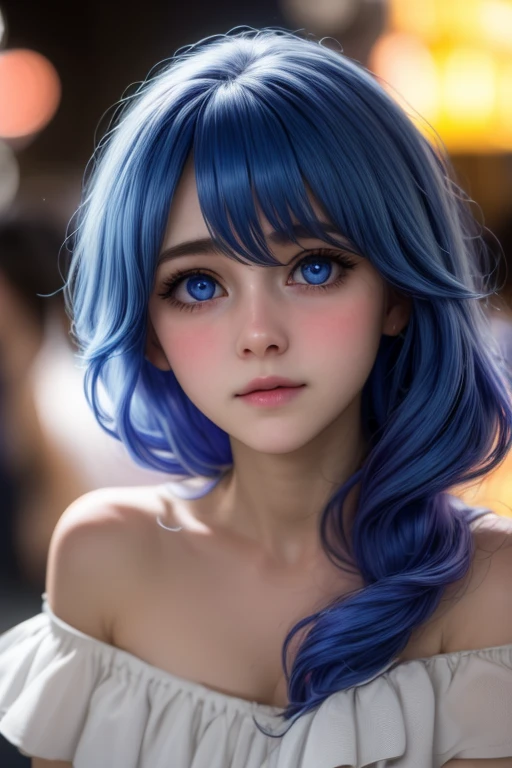 "A hyper-realistic, 8K resolution portrait of a young woman in a Yoshino astral dress, captured with an Arri Alexa LF and Zeiss Master Prime 50mm lens at f/1.4. She has long, blue hair cascading between her eyes, fair skin, and large, bright blue eyes, with an embarrassed, blushing expression. Utilize three-point lighting to accentuate her natural cheeks, soft lips, and perfect facial symmetry, inspired by Annie Leibovitz's couture portraits. The off-the-shoulder neckline and visible features should be intricately detailed, with a shallow depth of field to create a cinematic bokeh effect."