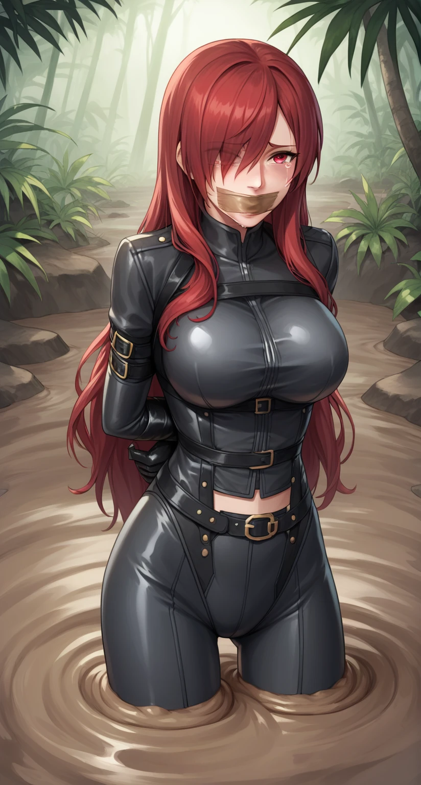 (black bodysuit, grey bodysuit:1.4), kirijou mitsuru, (red eyes, long hair, red hair:1.4), 1girl, (gag, gagged, tape gag, restrained:1.4), (((fear, tears, crying))), thigh gap, (((large breasts))), ((a girl is sinking into quicksand)), ((quicksand)), (((standing))), sinking in quicksand, partially submerged, (only upper body visible), Sinking in mud, jungle, (arms behind back:1.4), (framed breasts), (toned body:1.2), kirijoarena, hair over one eye, black bodysuit, black gloves, belt, covered breasts
