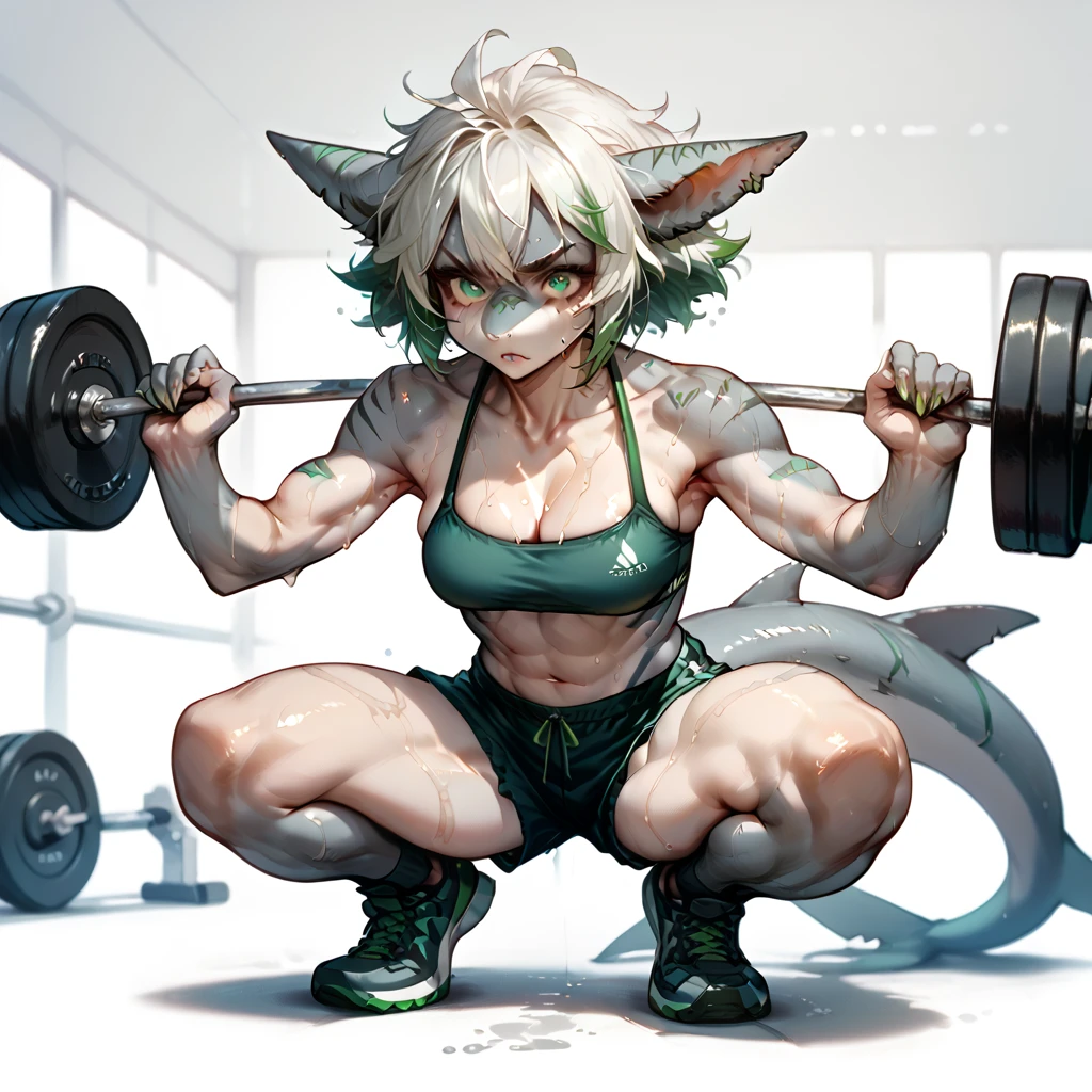 Score_9, score_8, score_7, source_anime, Anthro, jade, Anthro shark, grey skin, Slender body, white hair with green ends, green eyes, wearing a black bandeau and a shorts, squat pose, gym,Barbell,GYM WEIGHTS, exercises for lifting barbells, SWEAT,SWEATING DROPPING, front view, DEEP OF FIELD,(HUGE weightlifting:1.1) ,(HUGE GYM WEIGHTS:1.1),ARMPITS,TREMBLING,