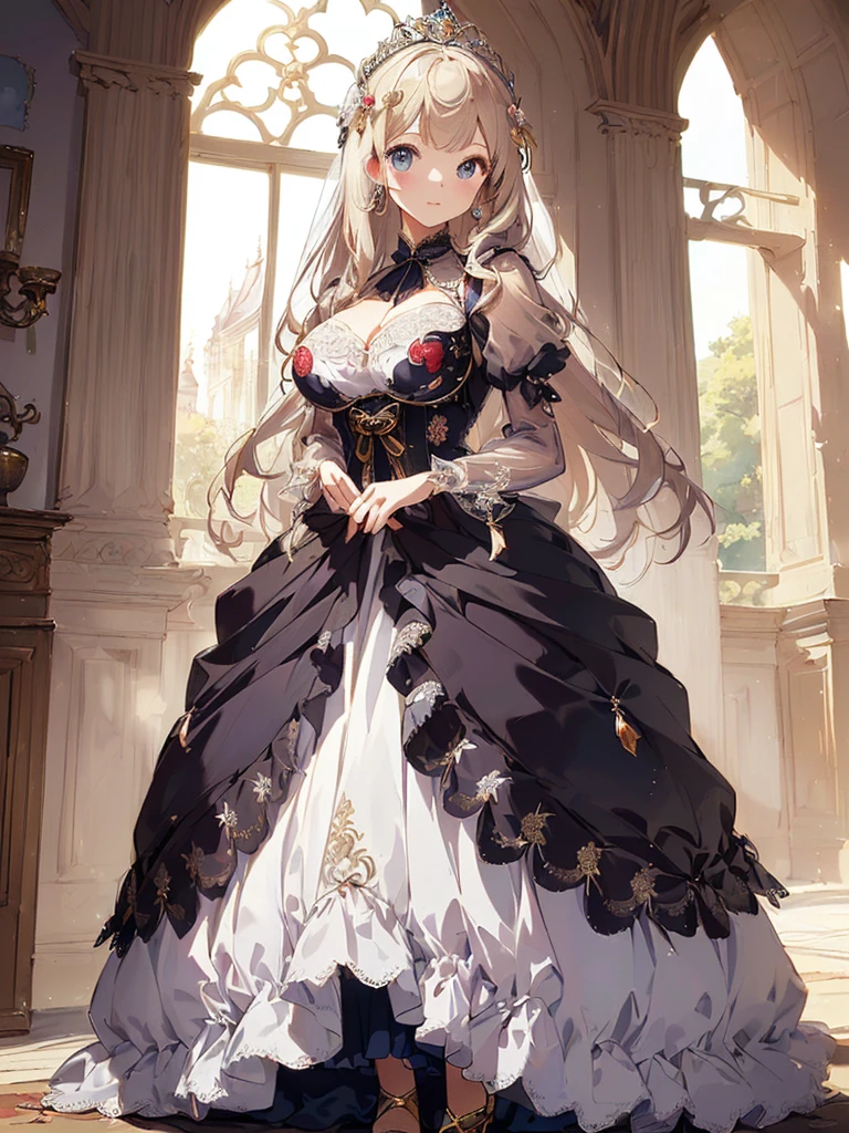 A tall beautiful girl with big attributes covers her tits and puts a dress on her with skirts, red and black