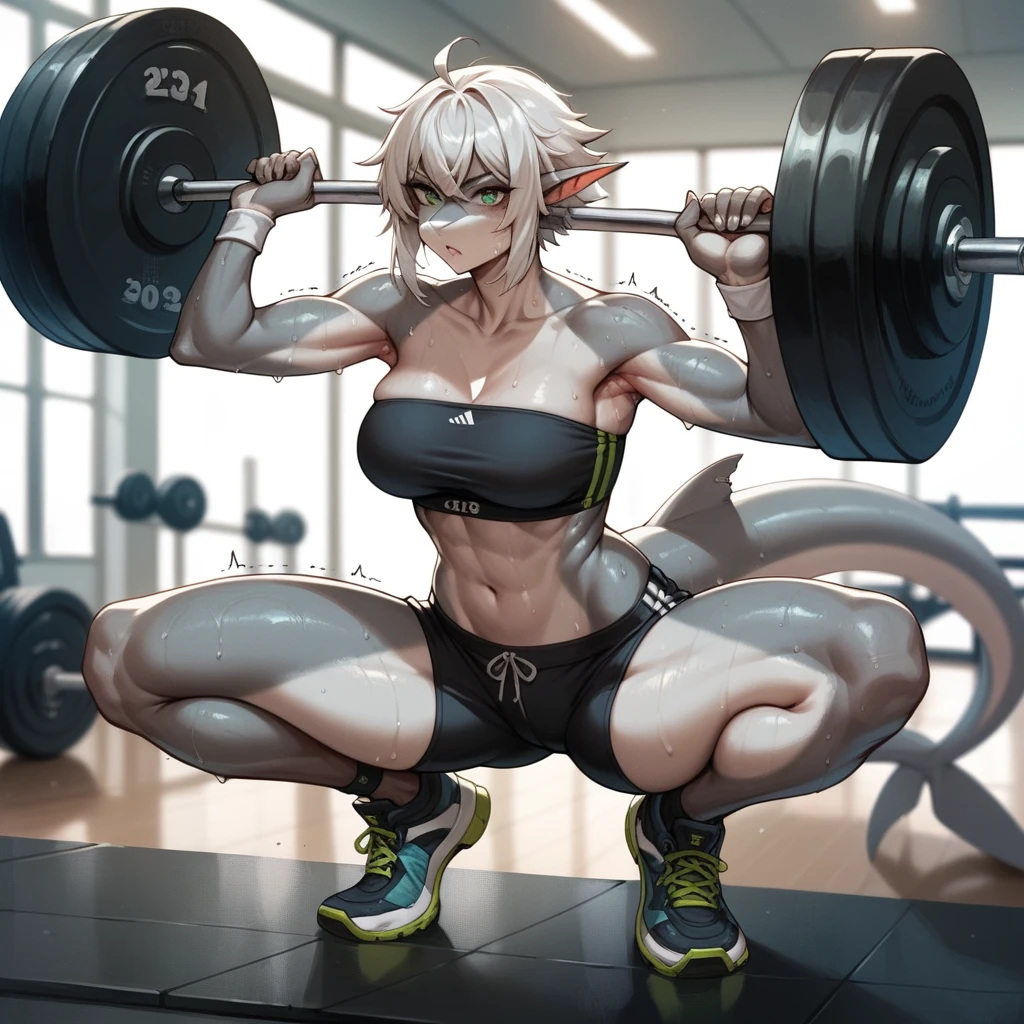 Score_9, score_8, score_7, source_anime, Anthro, jade, Anthro shark, grey skin, Slender body, white hair with green ends, green eyes, wearing a black bandeau and a shorts, squat pose, gym,Barbell,GYM WEIGHTS, exercises for lifting barbells, SWEAT,SWEATING DROPPING, front view, DEEP OF FIELD,(HUGE weightlifting:1.1) ,(HUGE GYM WEIGHTS:1.1),ARMPITS,TREMBLING,