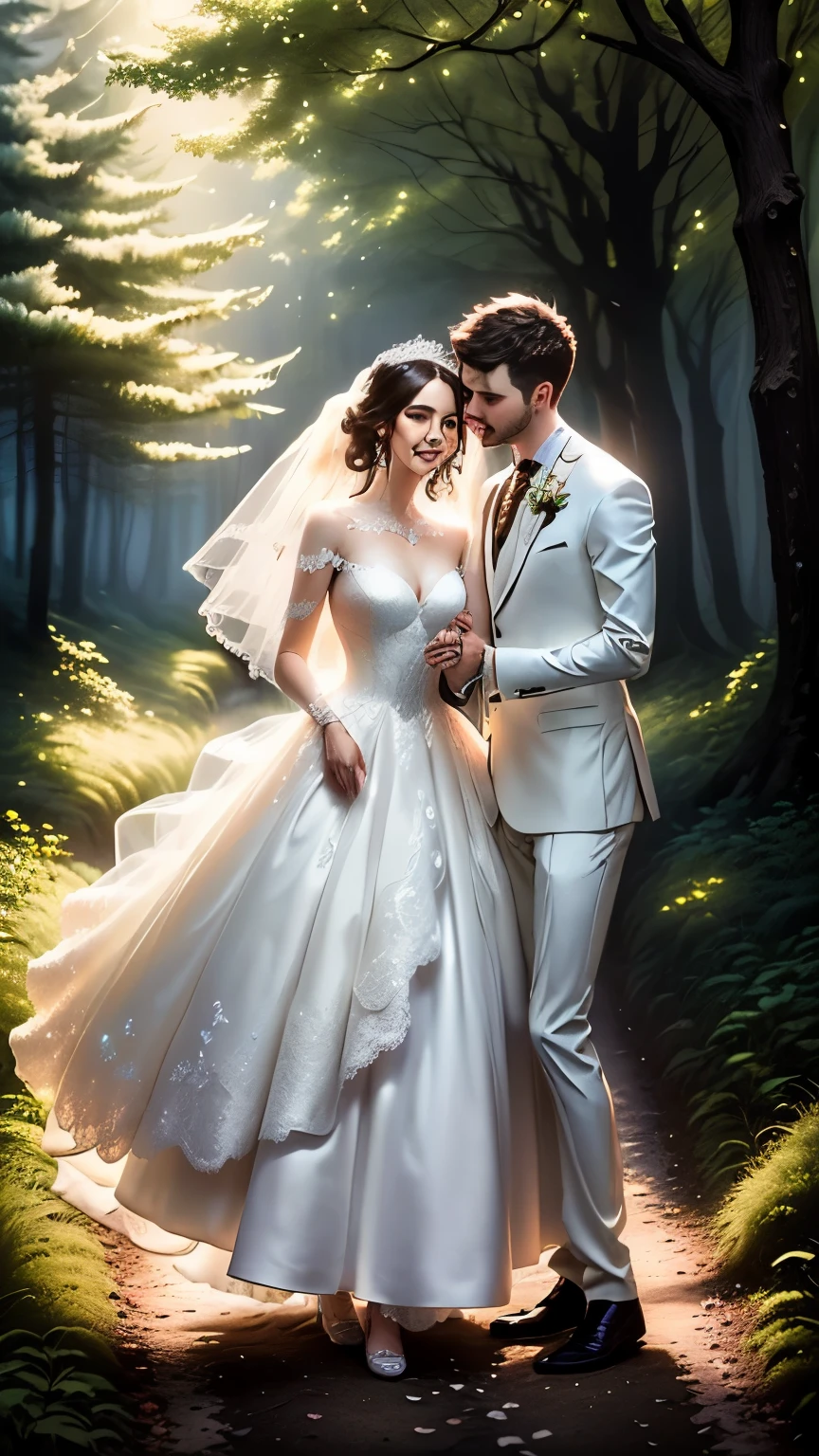 Bride and groom posing for pictures in the woods, very fantastical and dreamy, with intricate details, romantic gown, mystical fairy tale, soft elegant gown, intricate gown, romantic storybook fantasy, lavish wedding, wedding dress, bride and groomm, beautiful wedding dress