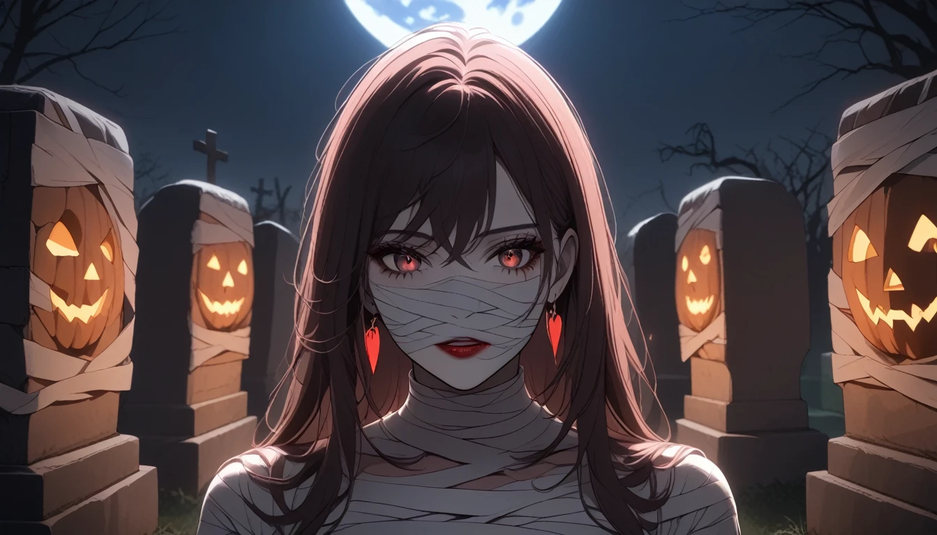 Momo ayase, (masterpiece, best quality:1.2), 1 beautiful girl, detailed eyes, detailed lips,detailed face and skin, long eyelashes, solo, mummy, bandage, creepy, standing, looking at viewer, straight-on, graveyard, full moon, night, Halloween, dark, moody, atmospheric, cinematic lighting, dramatic shadows, surreal, horror, mystery, coffin 