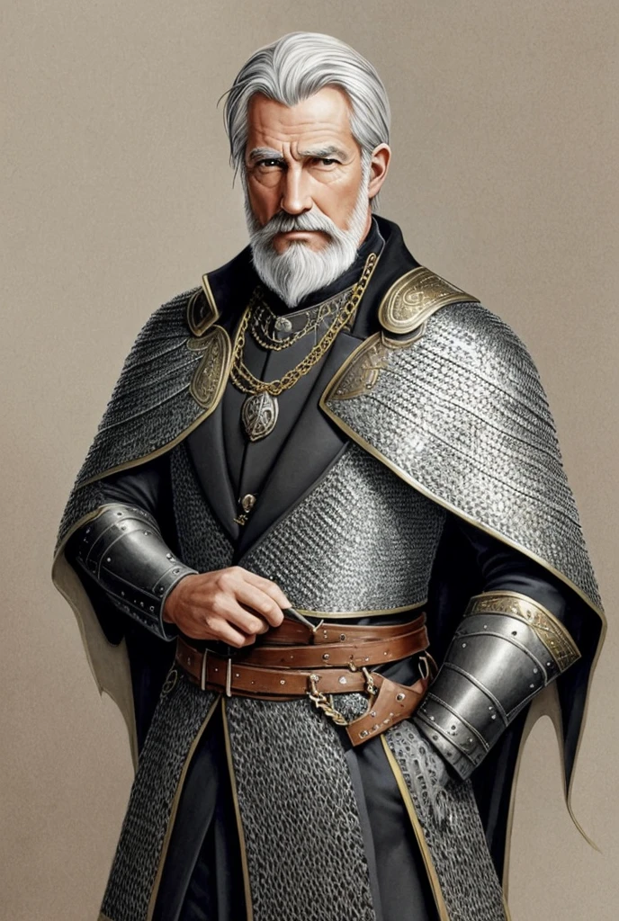 Noble, middle-aged man with gray hair in a well-kept Caesar cut, medium-length full white beard, green eyes with a tired look, with permanent dark circles under his eyes and some old scars on his face. Wearing a monocle over his right eye, attached by a thin golden chain, an armor of metal splints with bevor gorget, overlaid with chainmail and dark gibenson coats, as well as a dark cape with silver details, attached by a brooch discreet more elegant. Concept Art, Watercolor drawing style