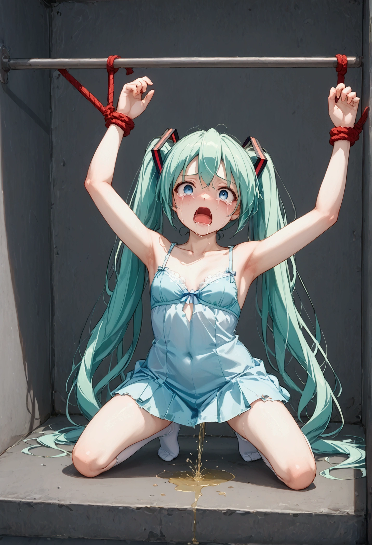 High image quality 、masterpiece、  high quality、Full HD、4K、Inorganic room、Jail、Both hands tied、Hands above head、 Put Your Hands Together 、 stand on all fours、 Hatsune Miku、 emerald green hair 、 twin tails 、 blue eyes  、 remove eye highlights 、 the inside of the eye becomes darker 、ripped green bra、Peeing、trembling、Screaming、scream、Feelings of despair、Scared、Crying face、tears