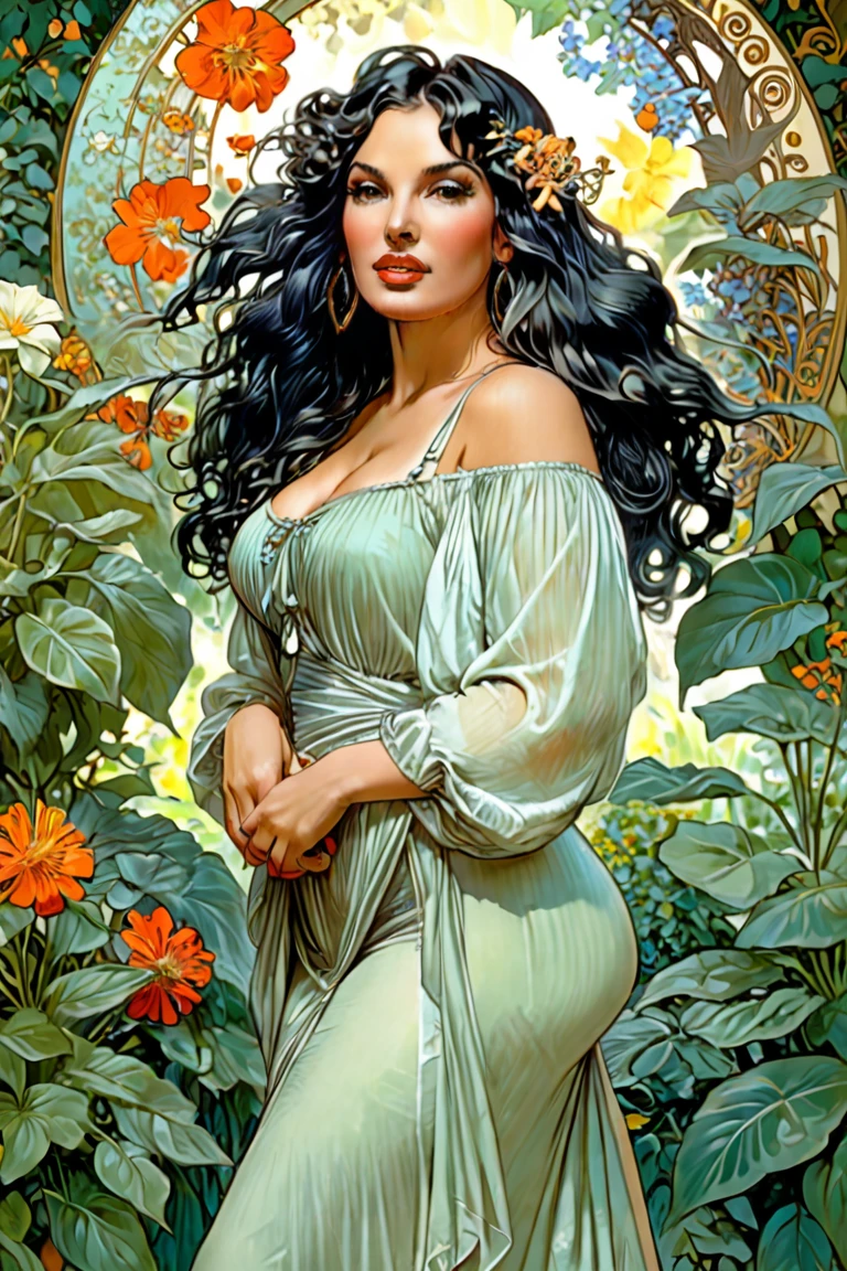 Kelly Brook beautiful with long black hair in the garden ,Alphonse Mucha style 2022, Fantastic Paintings by Paolo Eleuteri Serpieri ,high quality, 