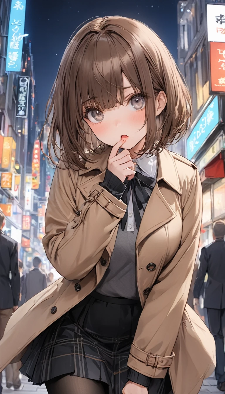 (Top quality line drawing,( Surprisingly Absurd )),(masterpiece:1.2), obscene expressions, Captivating eyes, Perfect Proportions,超 high resolution,  Attention to Details ,  high quality,  high resolution, 最 high quality,  cute girl ,Brown Hair, bob cut , gray eyes, stylish,Thighs,Black tights,Best,skirt,Night City,Confused eyes,Wearing a coat,
