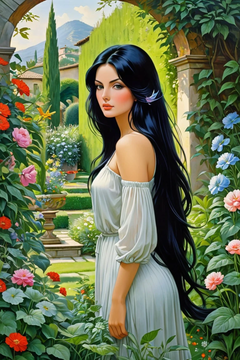  beautiful woman Druuna with long black hair in the garden ,, Fantastic Paintings by Paolo Eleuteri Serpieri ,high quality, 